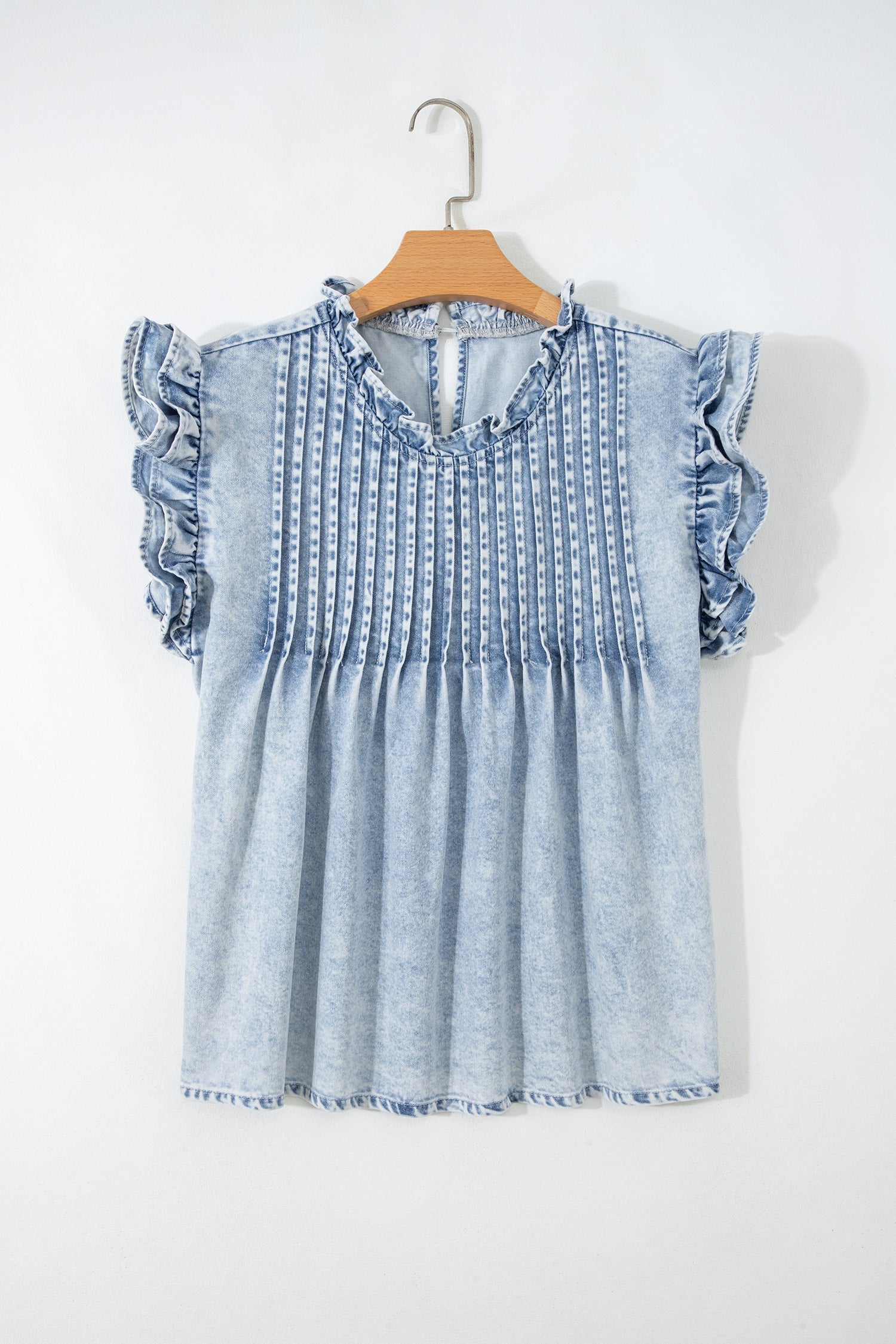 Detail Ruffle Pleated Retro Washed Denim Top in Beau Blue