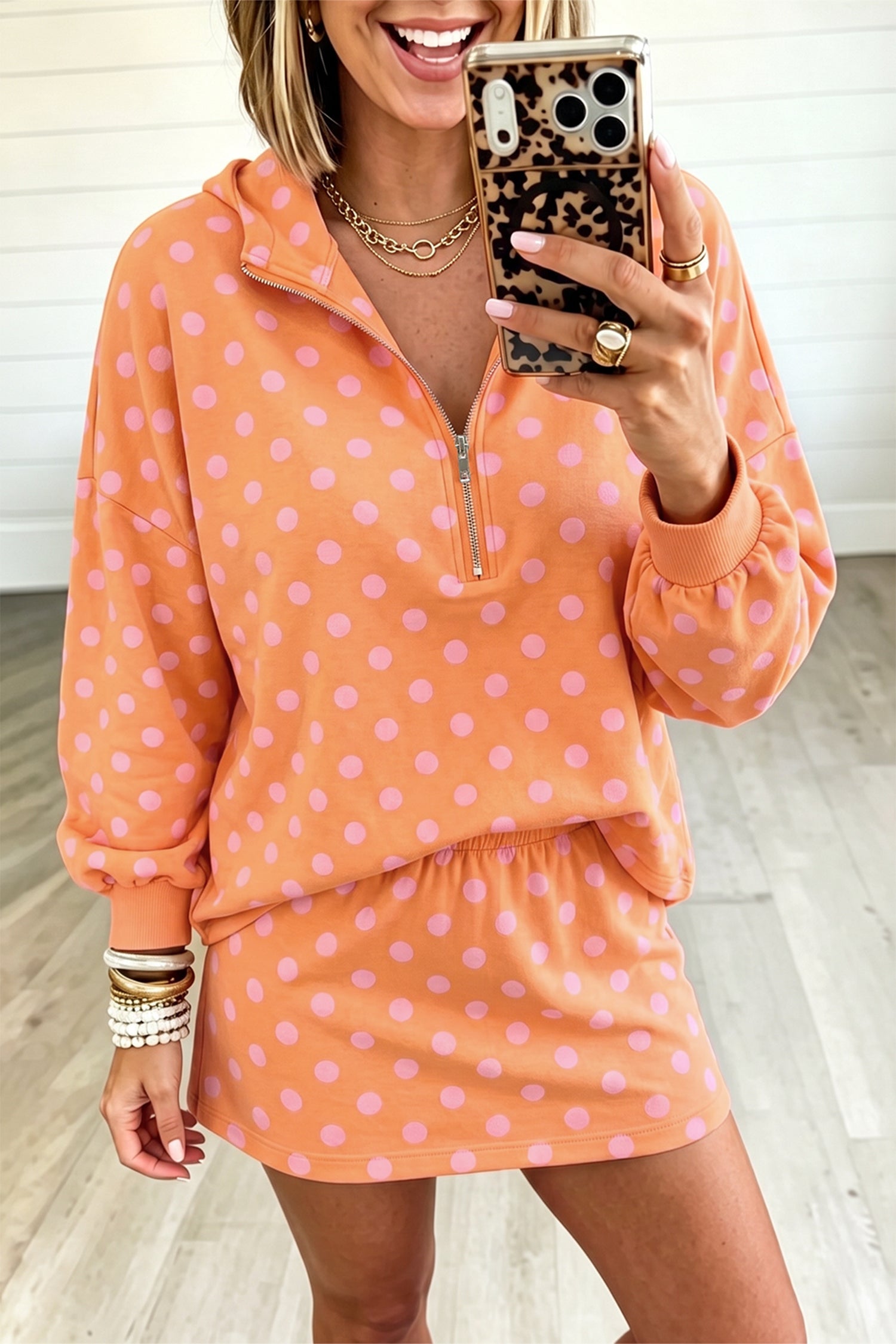 Polka-Dot Hooded Long-Sleeved Top Everyday Mini Skort Set in Orange