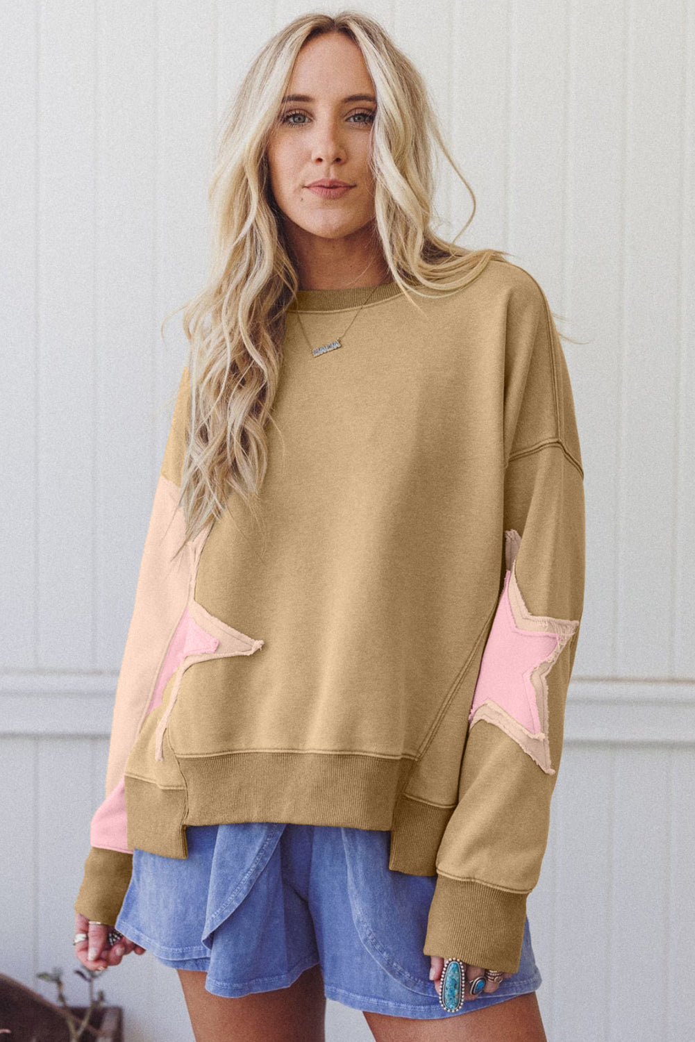 Patchwork Contrast Star Exposed Seam Uneven Hem Drop-Shoulder Sweatshirt
