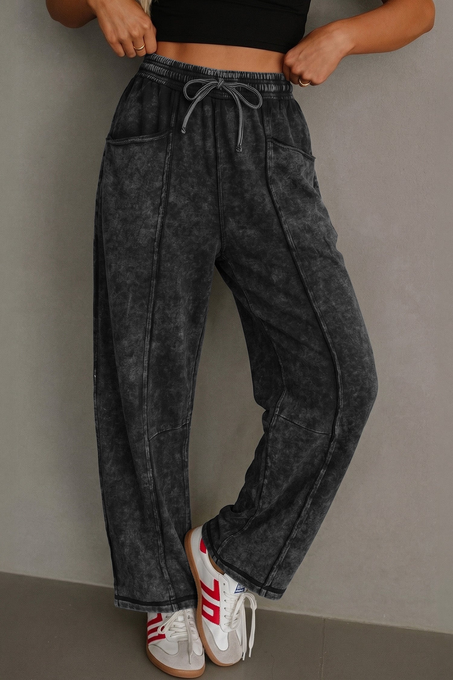 Raw Seam Drawcord Elastic Waist Barrel Pants in Black