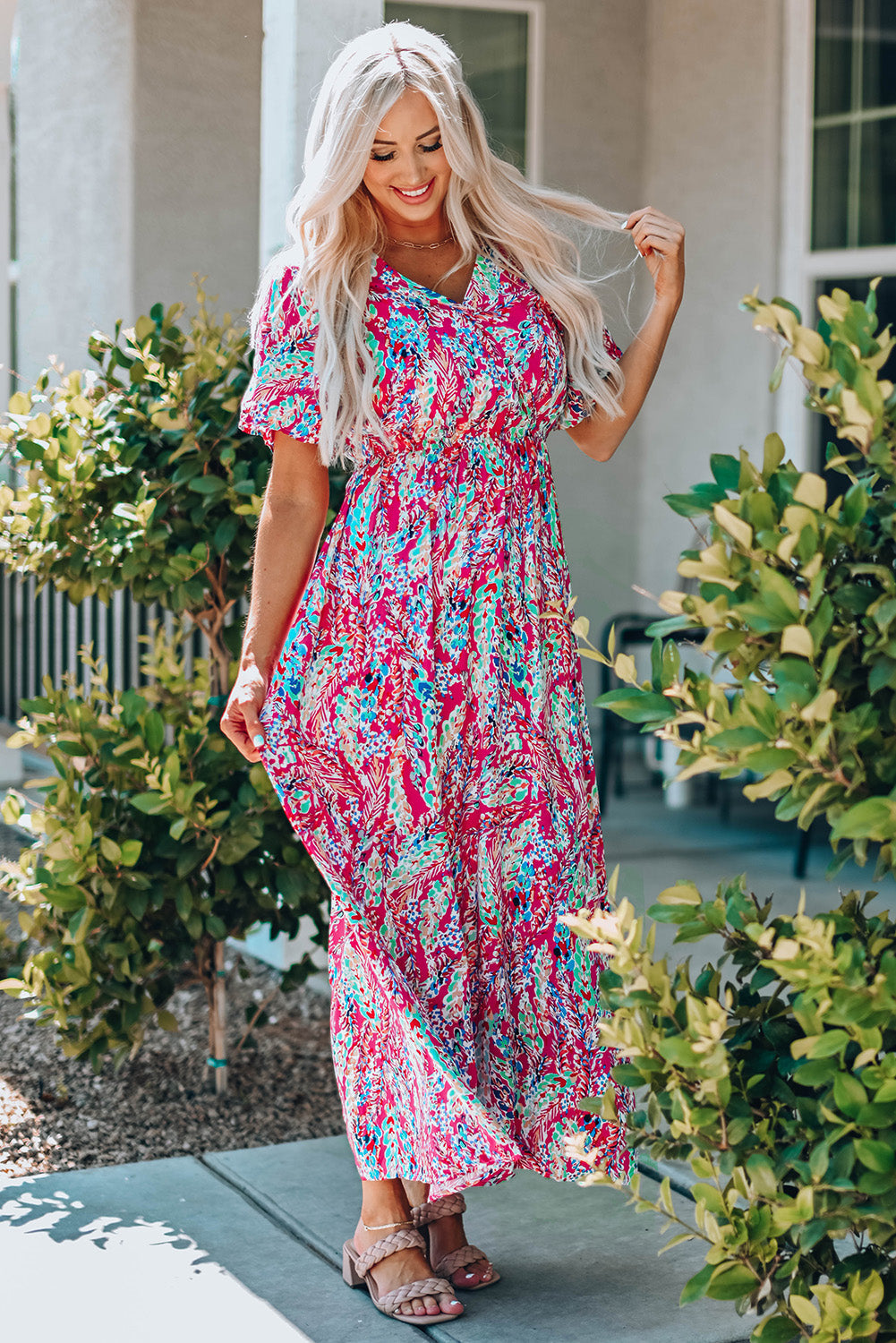 Women's Floral-Print Wrap V Neck Maxi Dress