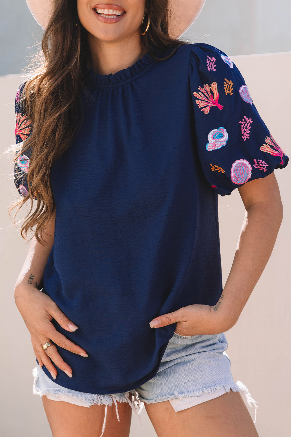 Sail Blue Shellfish Coral Embroidery Frilled Neck Blouse