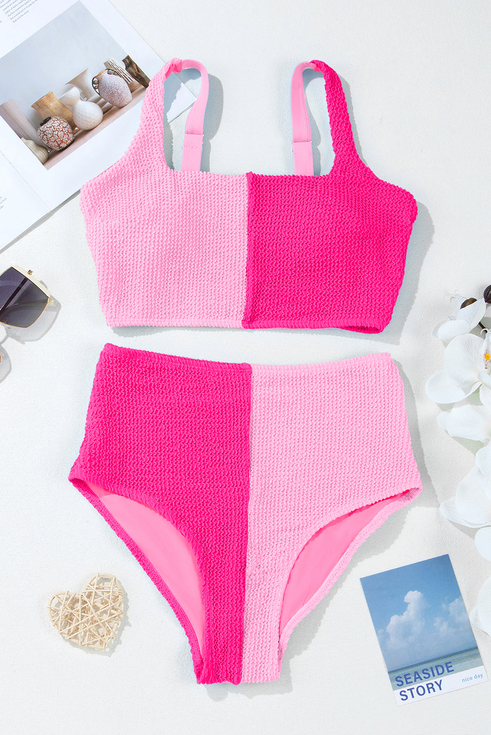 Colorblock Square Corded Square Neck Bikini Swimsuit in Pink