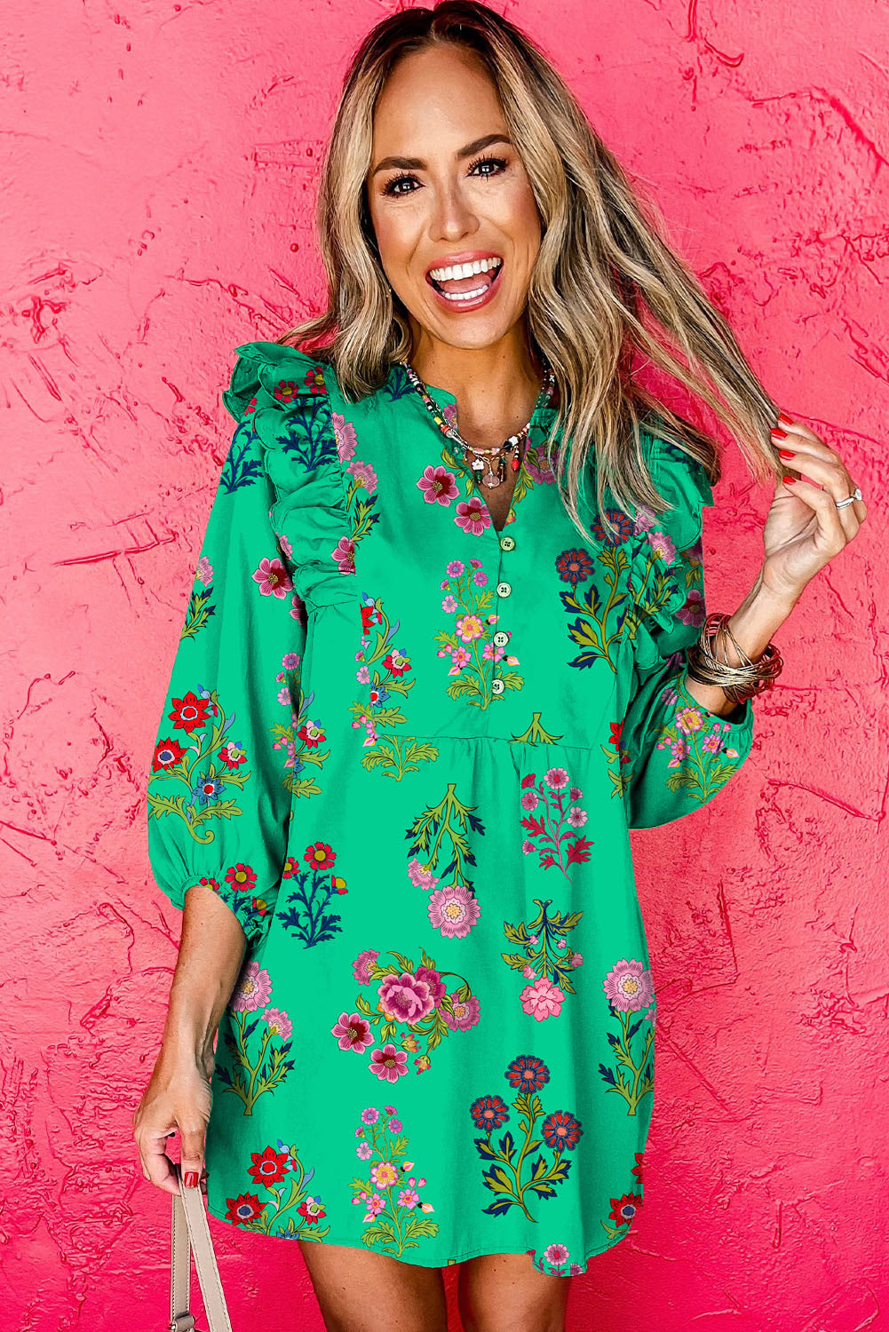 Floral Ruffled Three Quarter Sleeve Button-Front Mini Dress