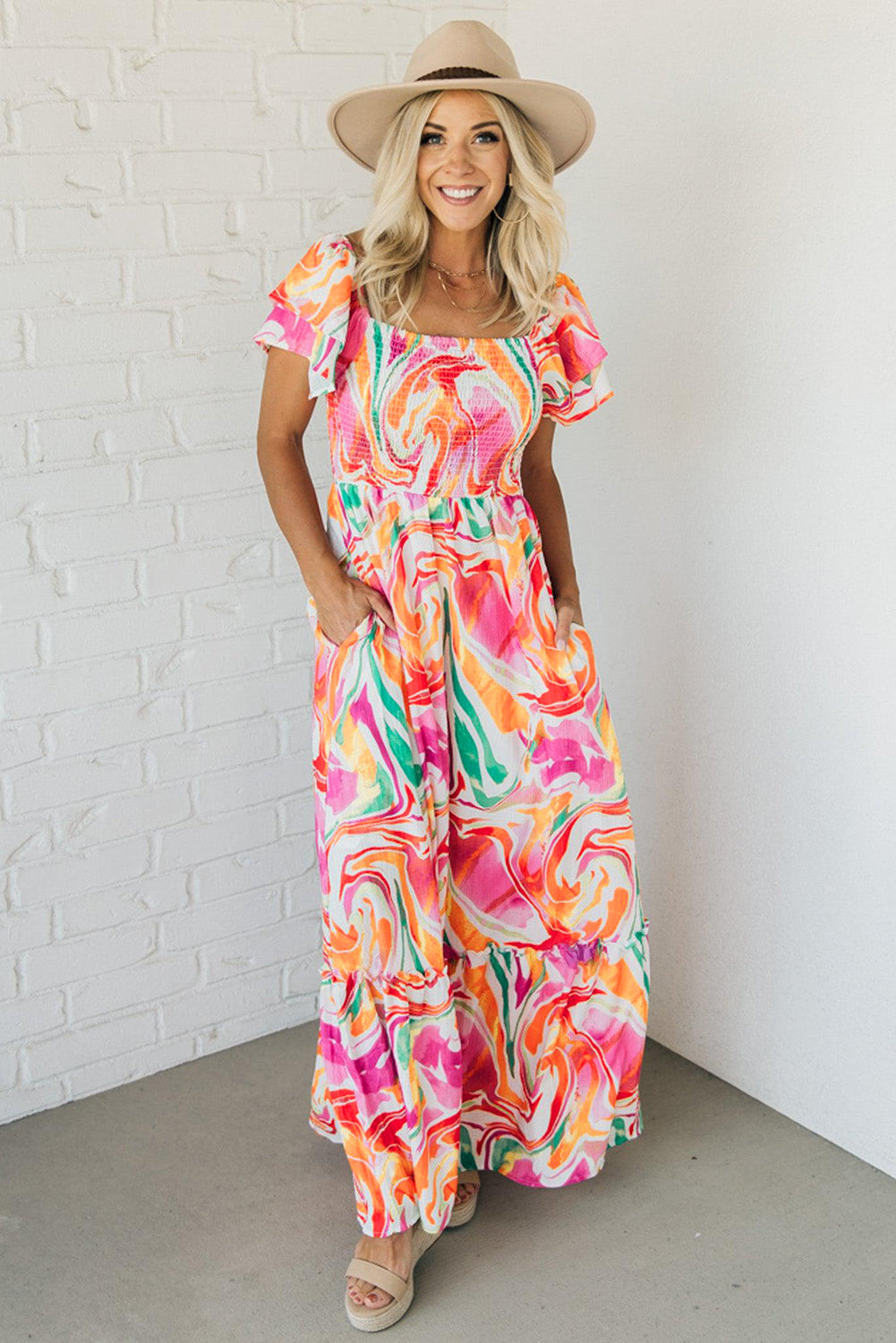 Pink Abstract Print Smocked Bust Maxi Dress