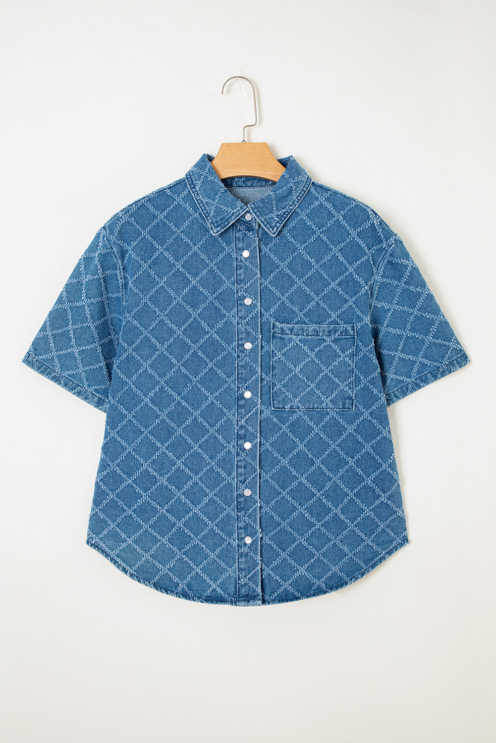 Short-Sleeved Checkered Textured Patched Pocket Denim Shirt
