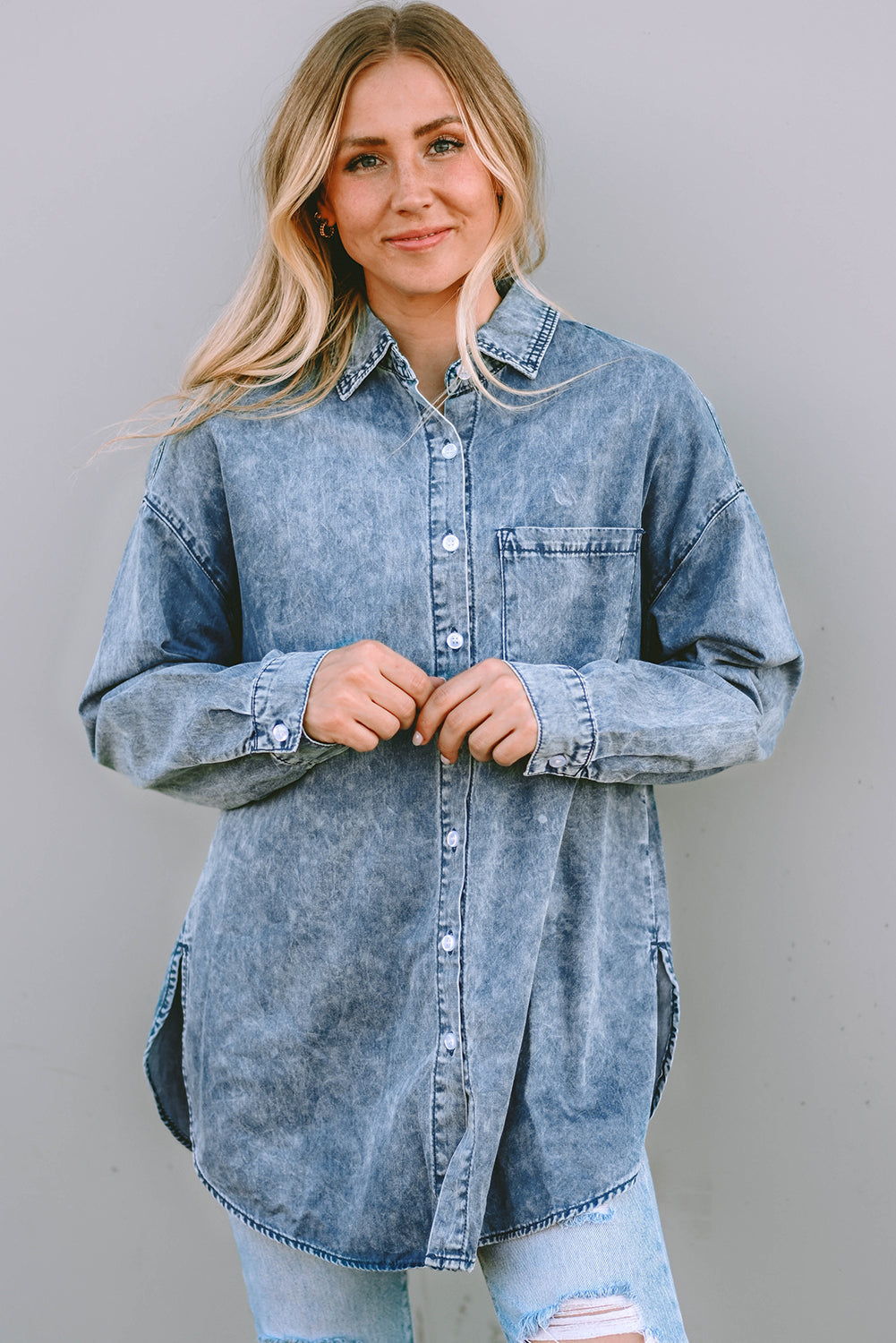 Women's Shirt Featuring Chest Denim Vintage Washed