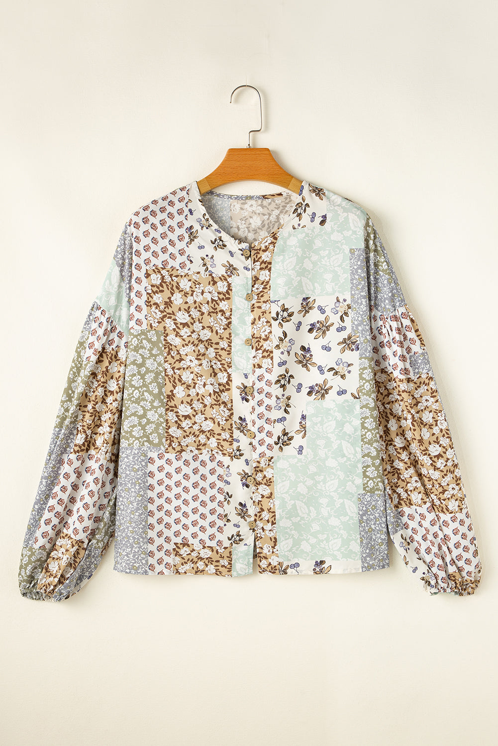 Floral Long Patchwork Print Puff Sleeve Shirt