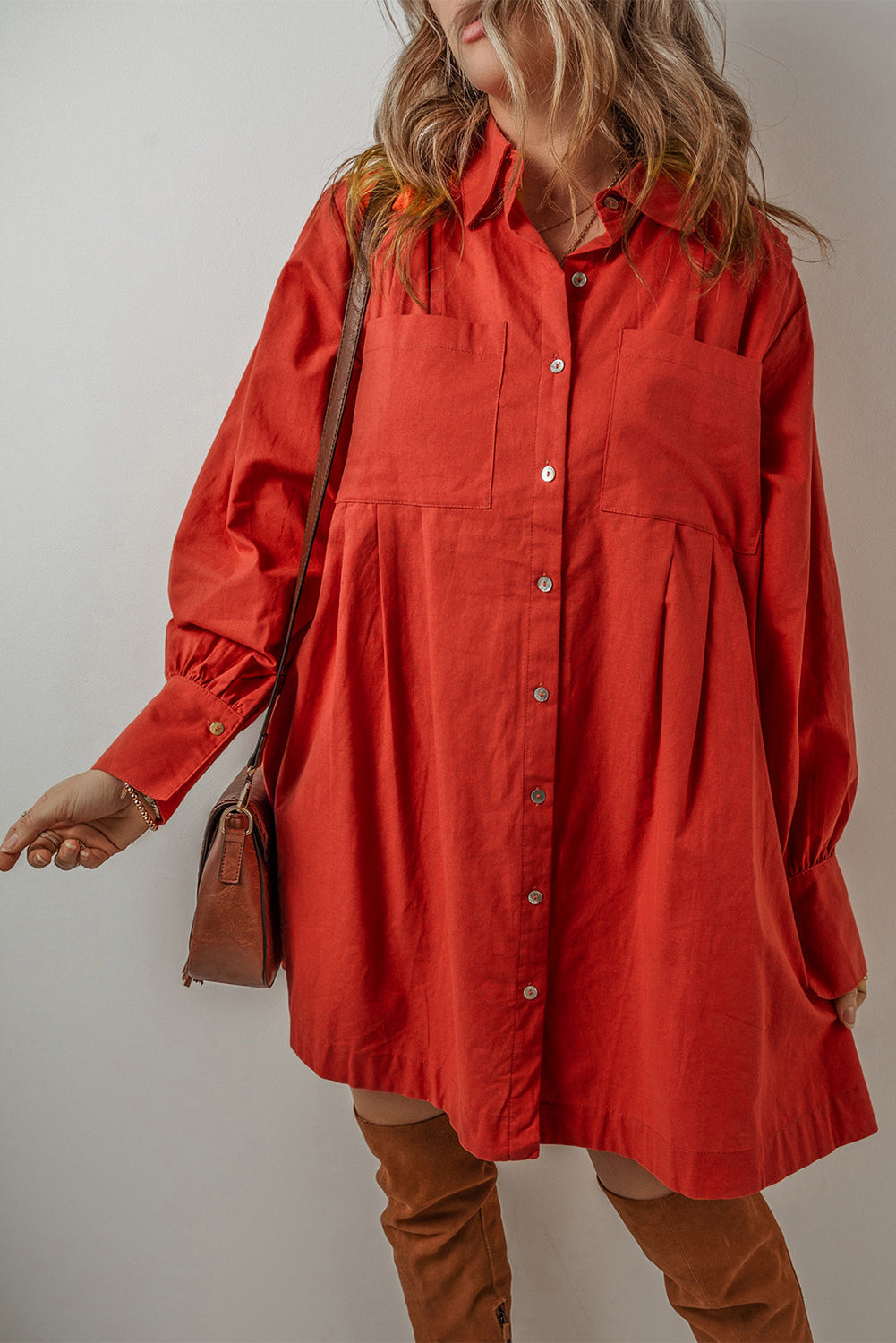 Women's Shirt Dress Featuring Bishop Sleeve Pleat-Detail Mini