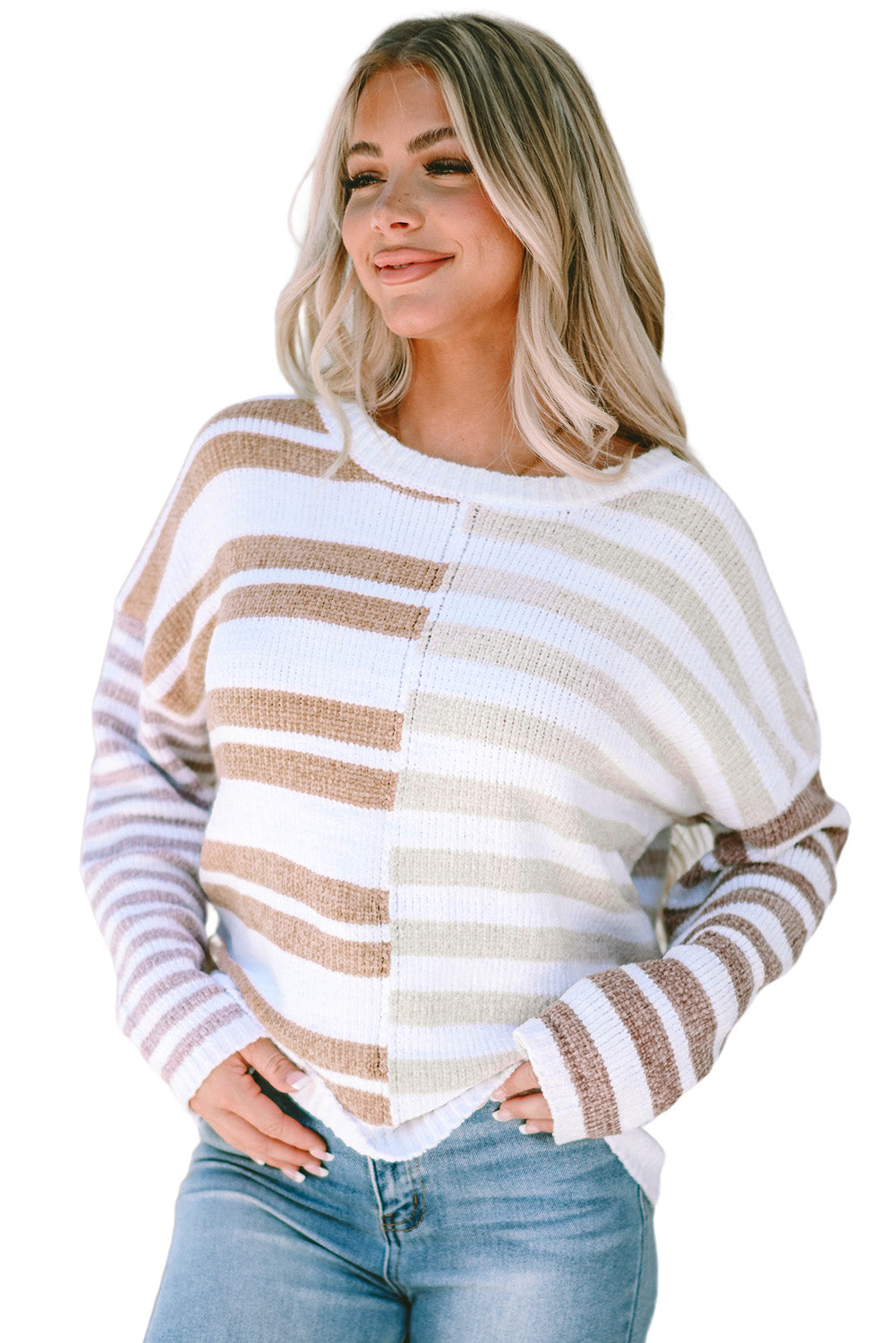 Women's Stripe Slouchy Blocked Dropped-Shoulder Sweater