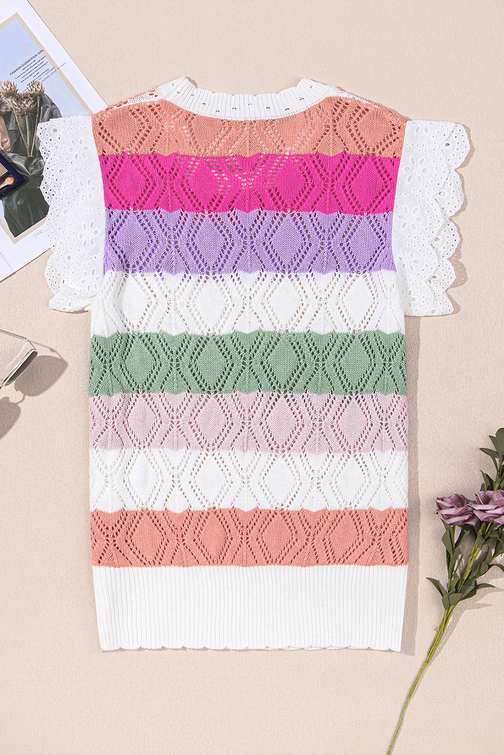 Colorblock Hollowed Knit Scallop Edge Sweater Vest