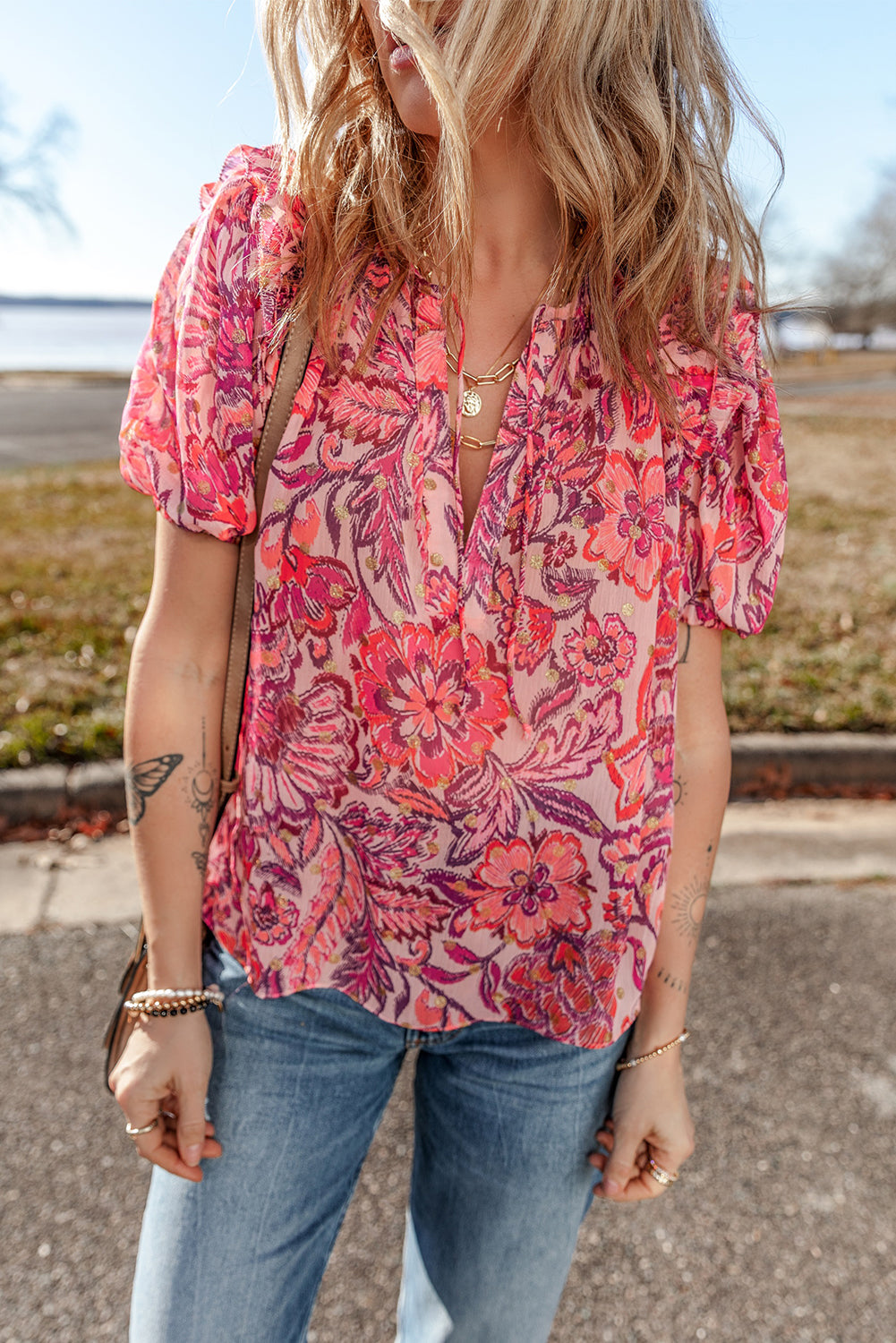 Floral Print Ruffled Puff Short Sleeve Blouse