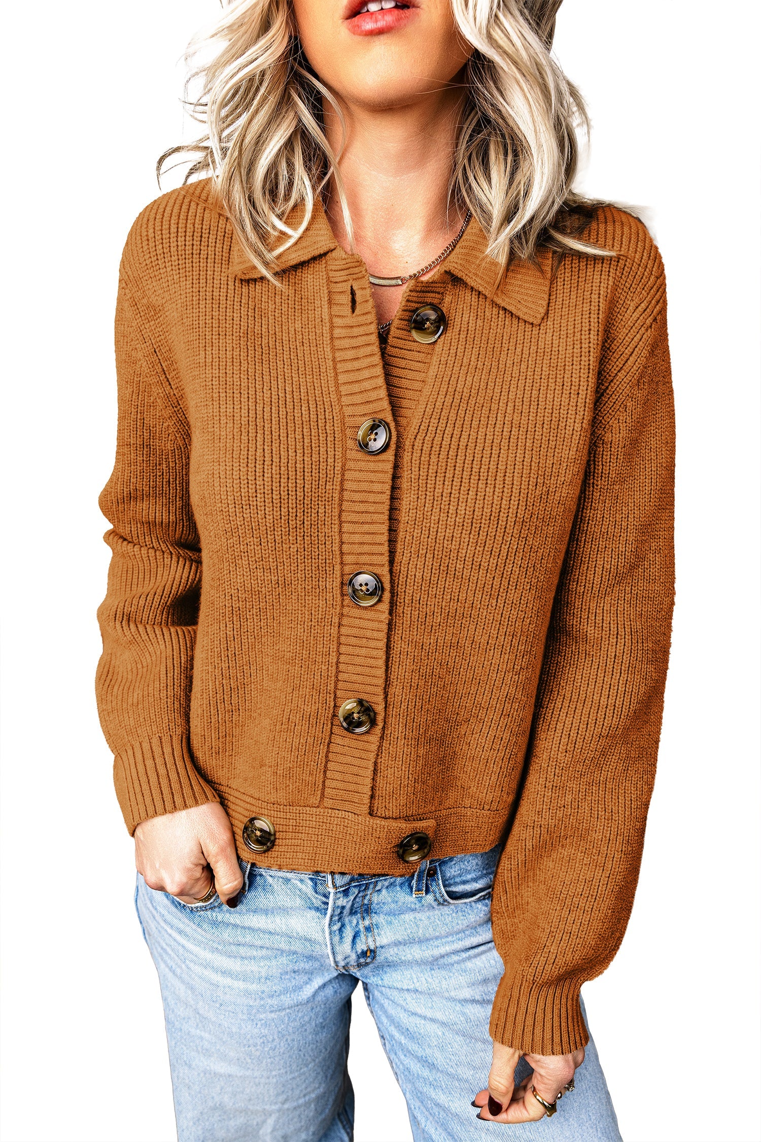 Mustard Collar Rib-Knit Knit Button Front Long-Sleeved Cardigan