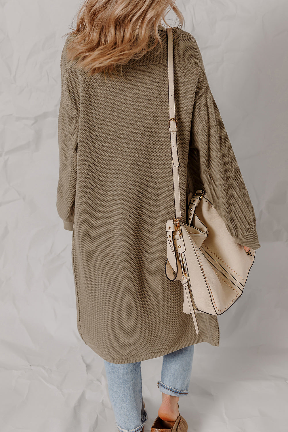 Textured Knit Solid Knit Open-Front Oversize Midi Cardigan Knit Top