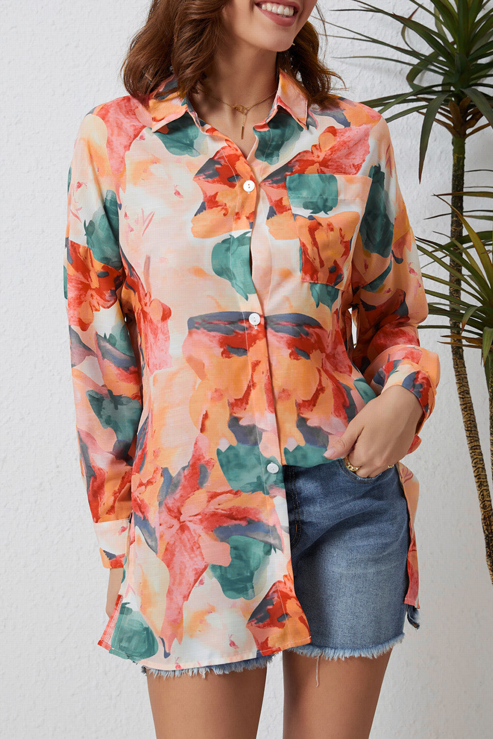 Women's Shirt with Floral-Print Print Loose