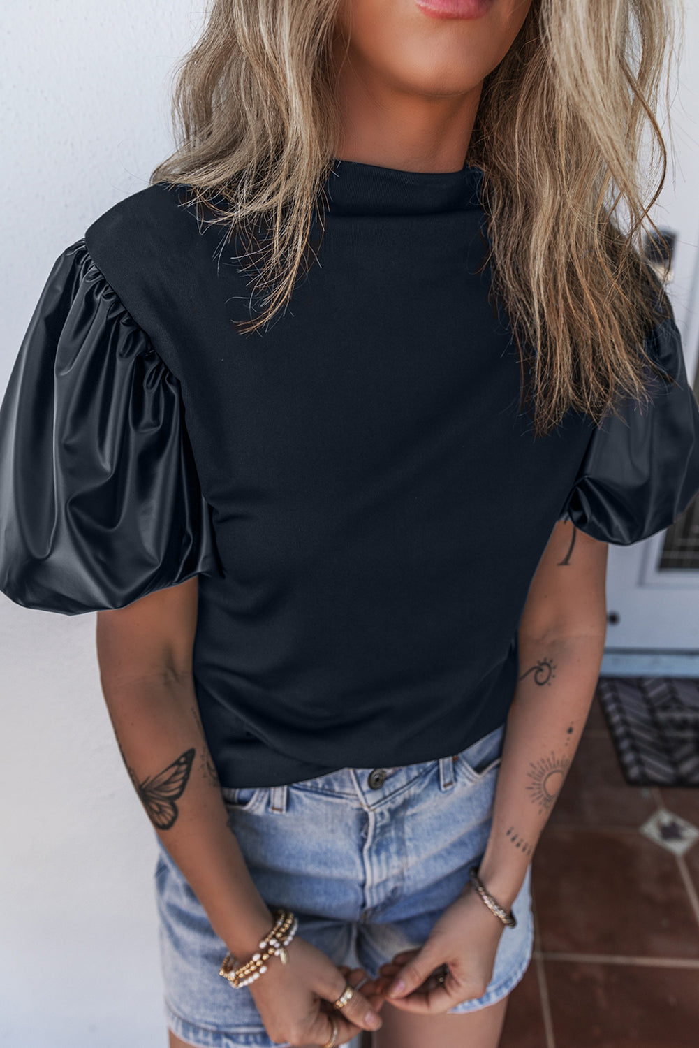 Women's Puff Mock Neck Faux Leather Top