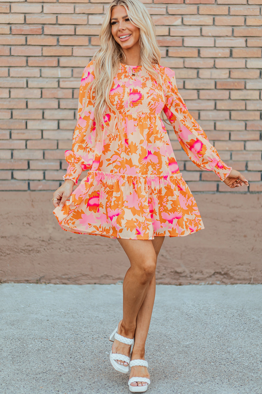 Women's Ruffle-Trimmed Shirred Lantern Sleeve Mini Dress