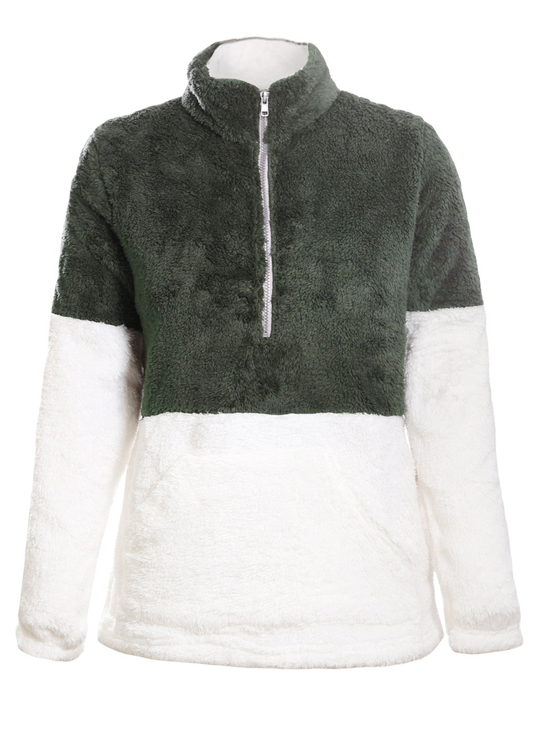 Women's Pullover with Women Atrovirens White Zip Neck Oversize Fluffy Fleece