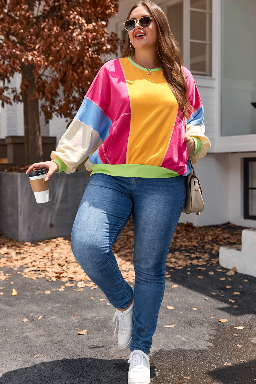 Sweat-shirt Patchwork Colorblock à Coutures Exposées de Grande Taille