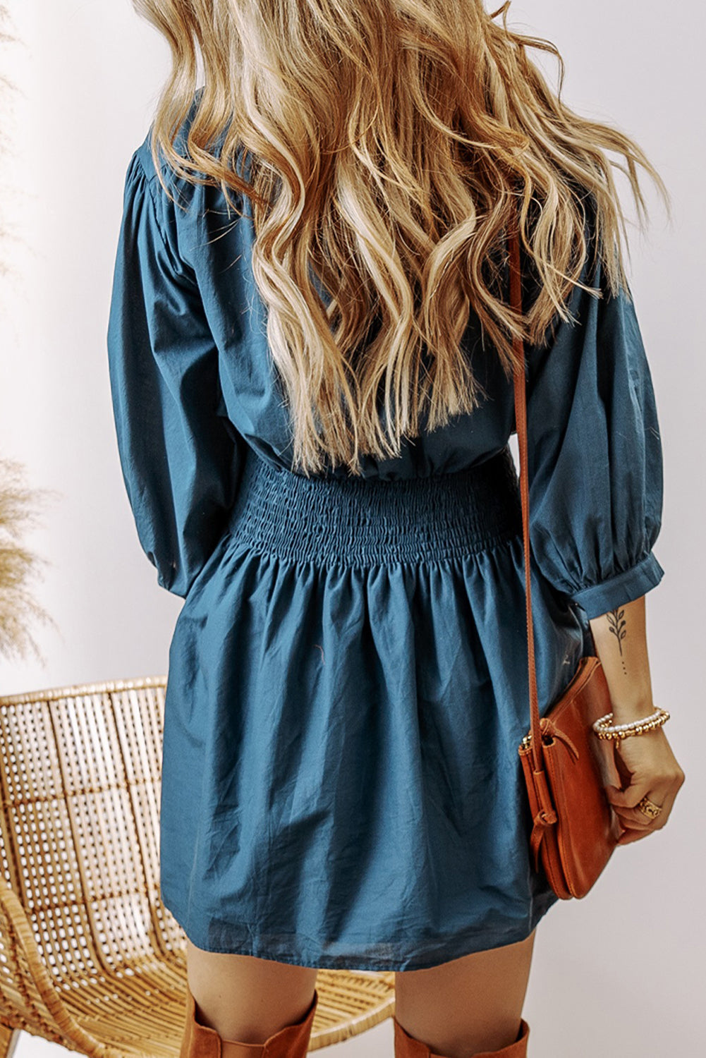 Mini Dress for Women Three-Quarter Sleeve Shirred High-Rise