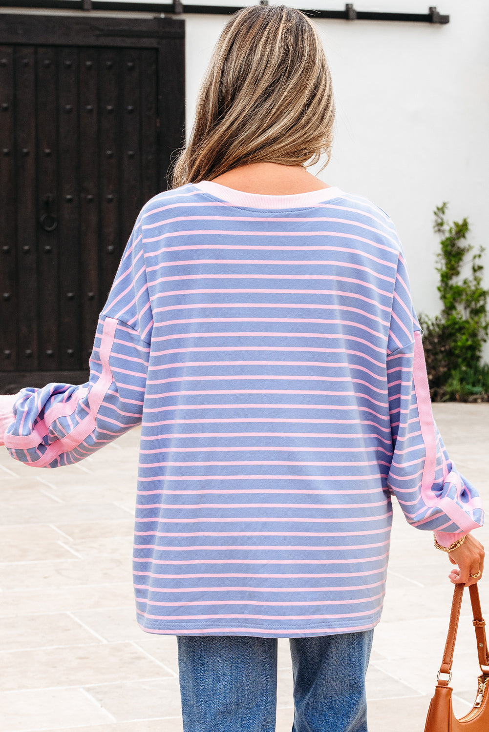 Stripe Trim Oversize Contrast Cotton Everyday Top in Sky Blue