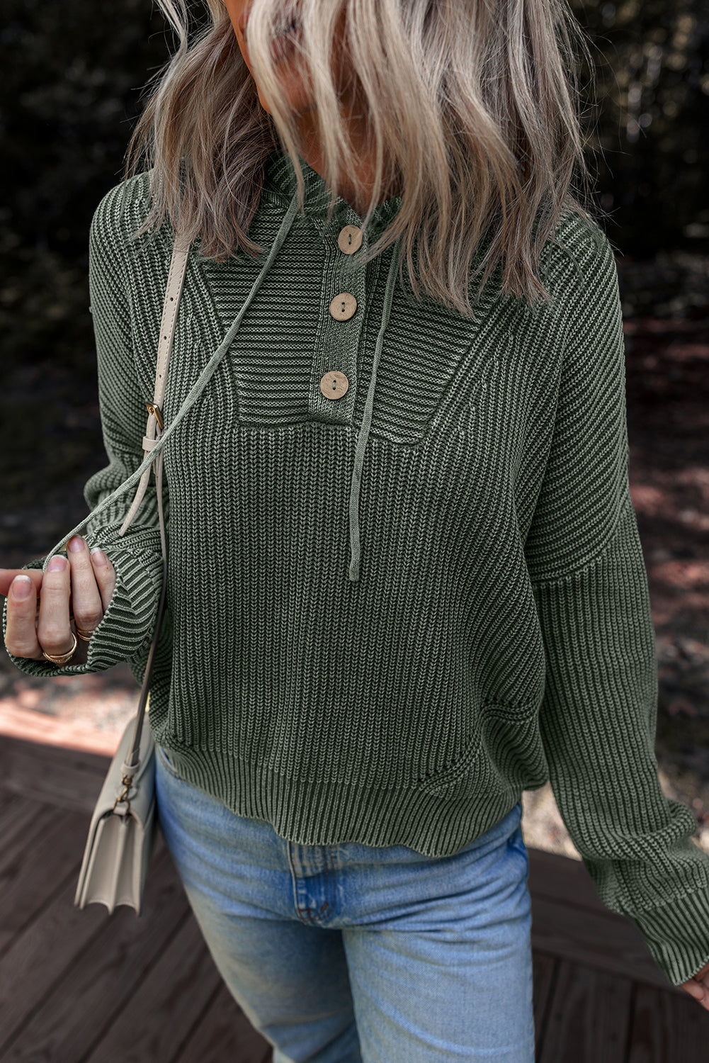 Mineral Wash Rib-Knit Knit Button Drawcord Neck Hooded Knit Top