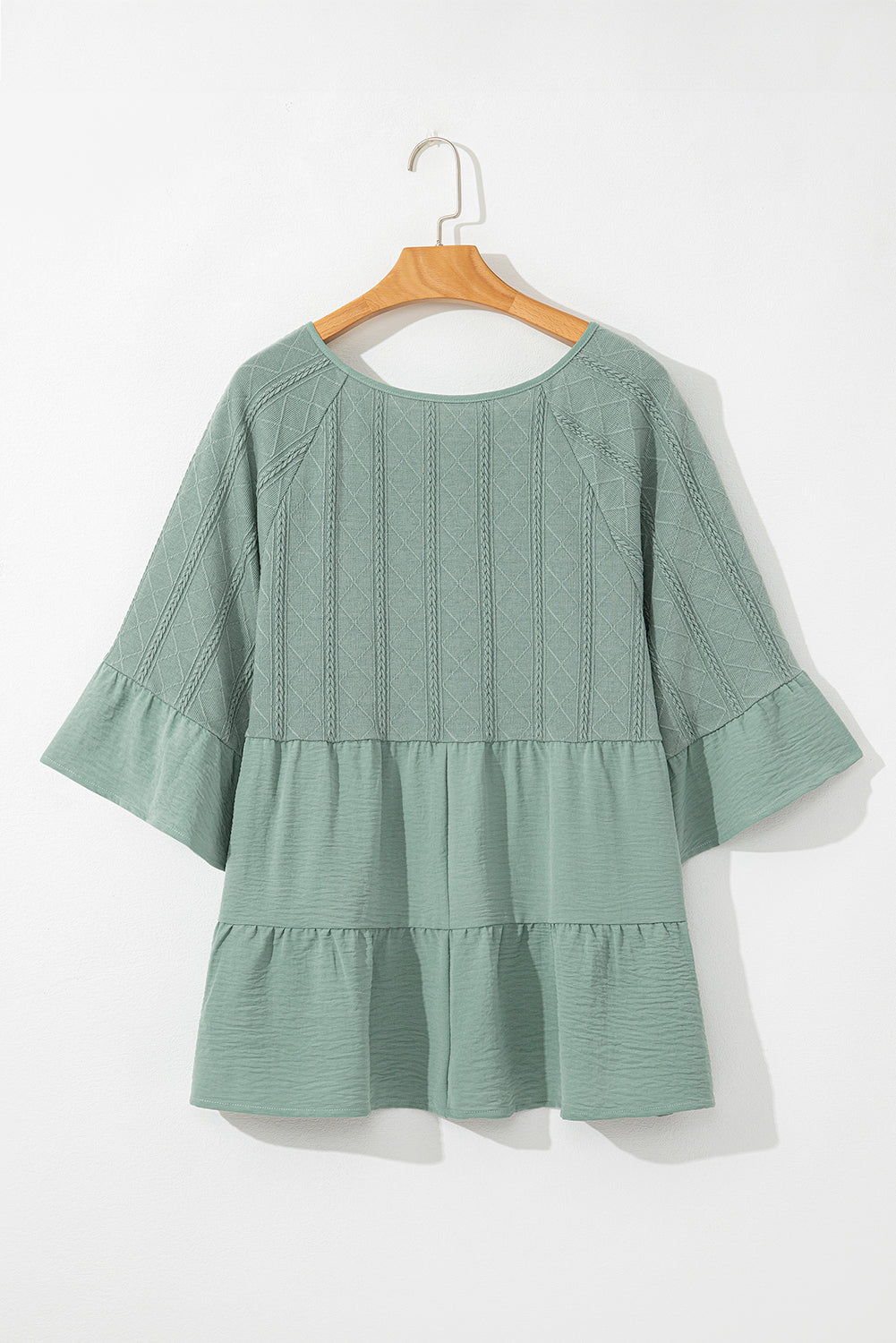 Tie Split Neck Textured Ruffle Patchwork Blouse