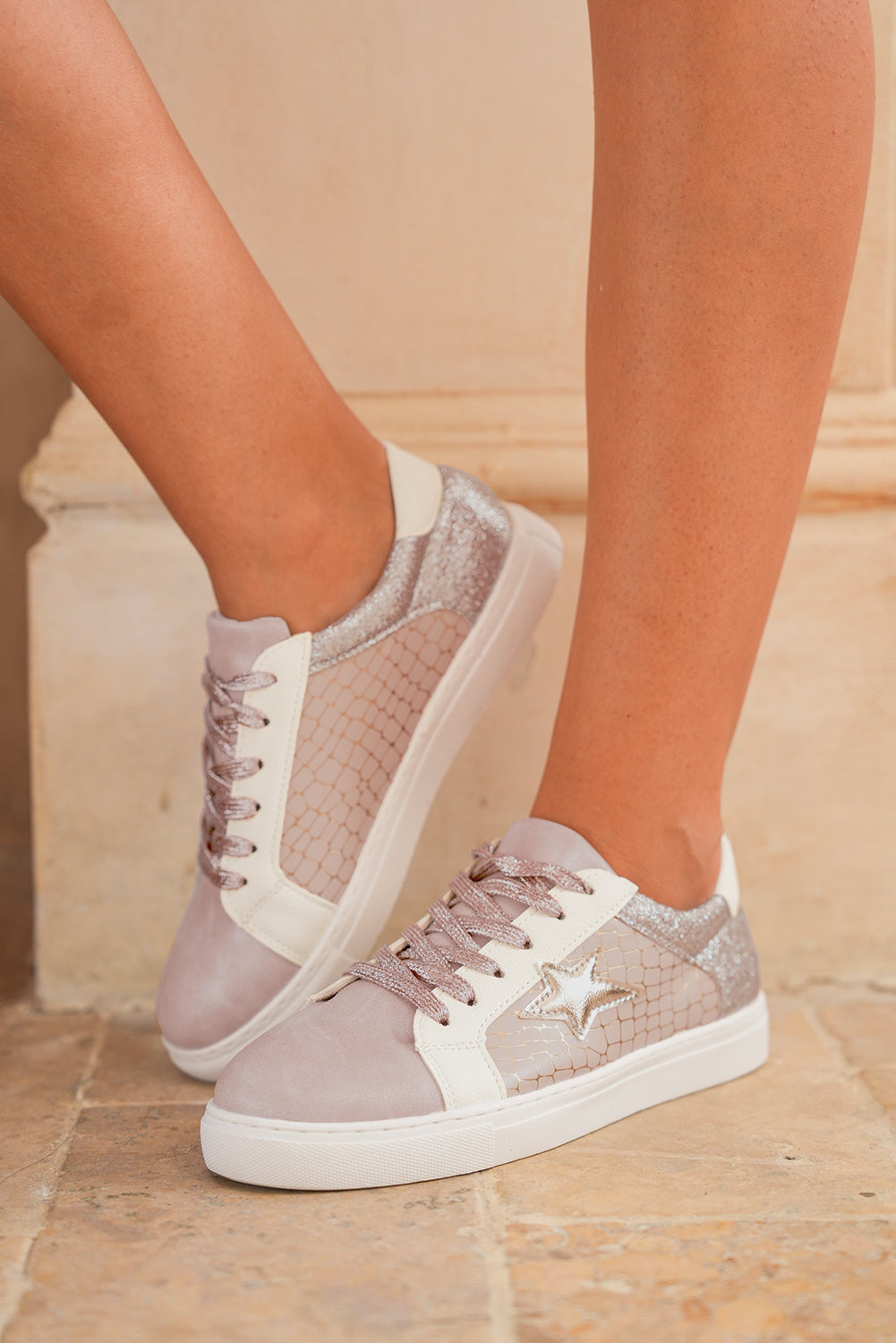 Star Patchwork Glitter Patchwork PU Leather Lace-up Sneakers