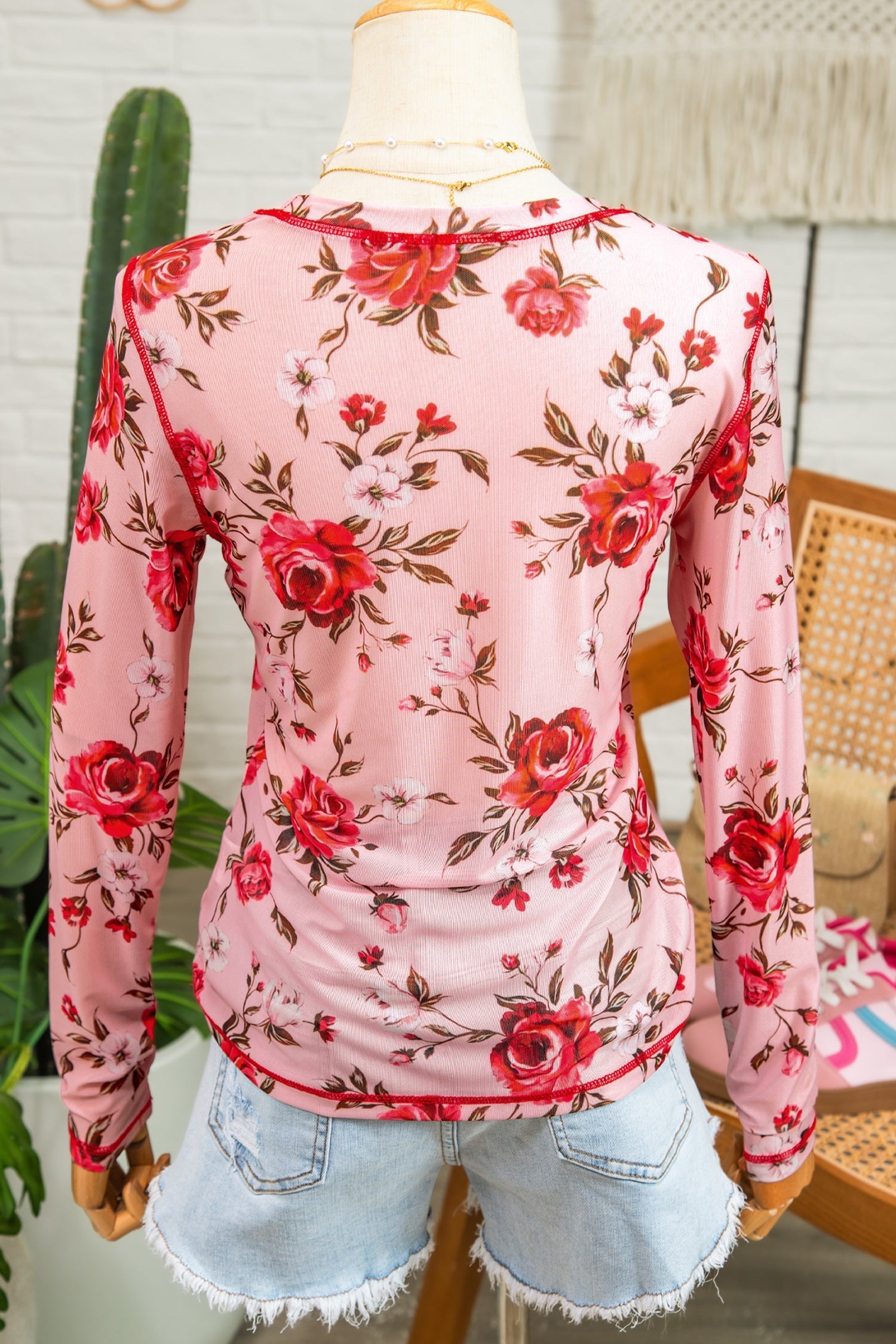Floral-Print Detail Exposed Seam Mesh Long-Sleeved Top in Pink