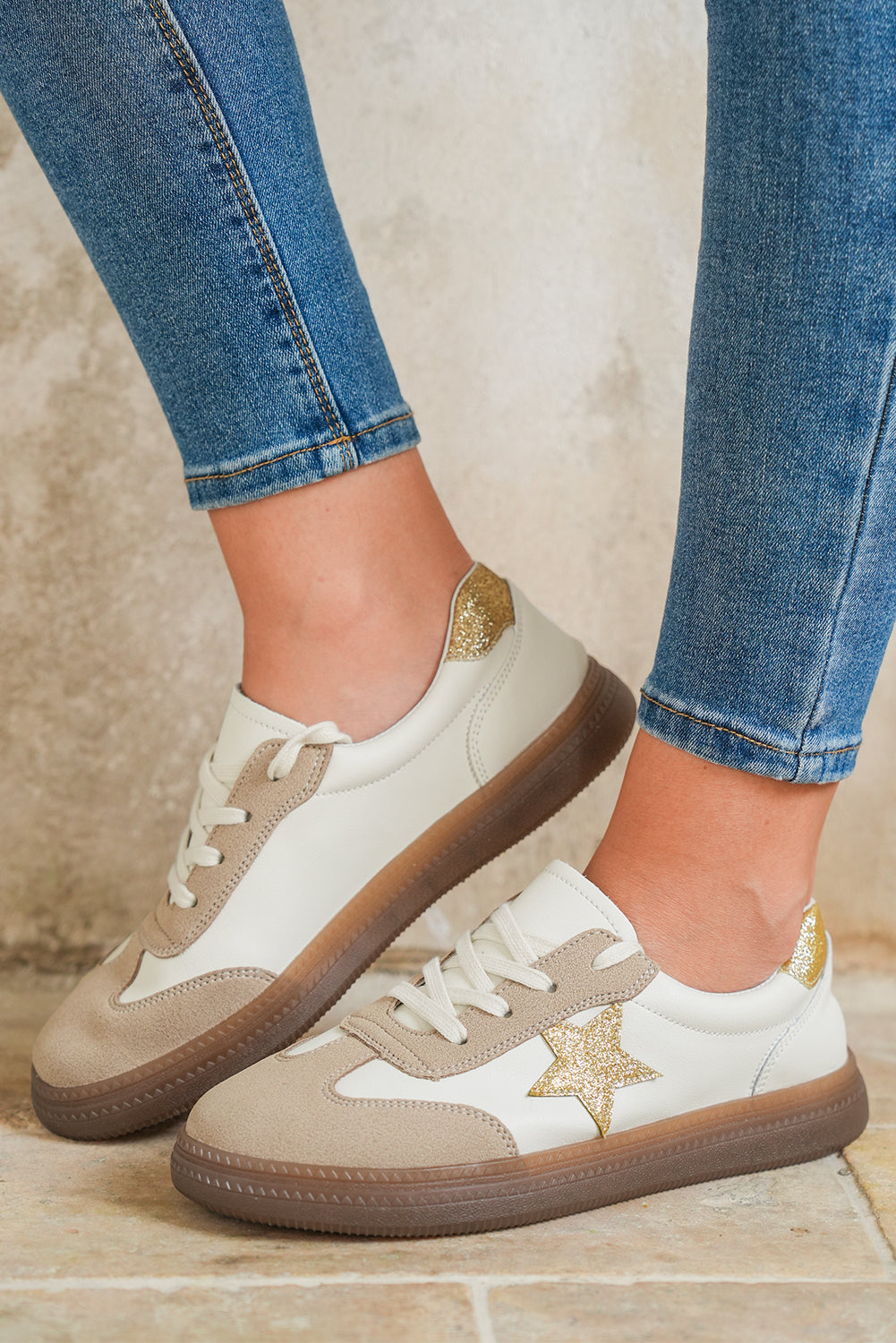Shimmer Colorblock Star Patch Lace up Retro Flattie