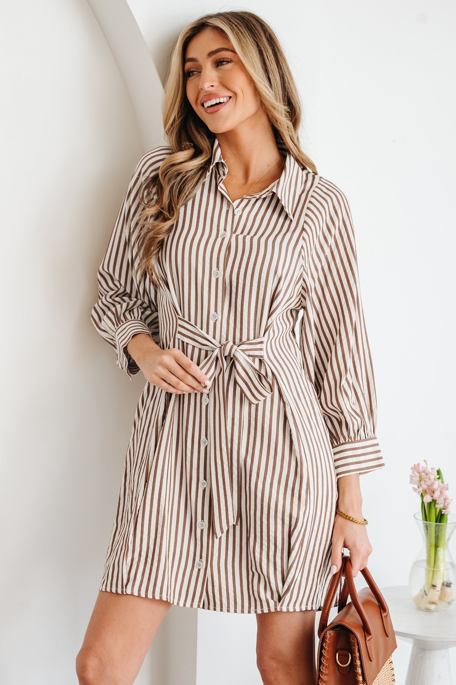 Stripe Knot Waist Button Down Mini Shirt Dress in Brown