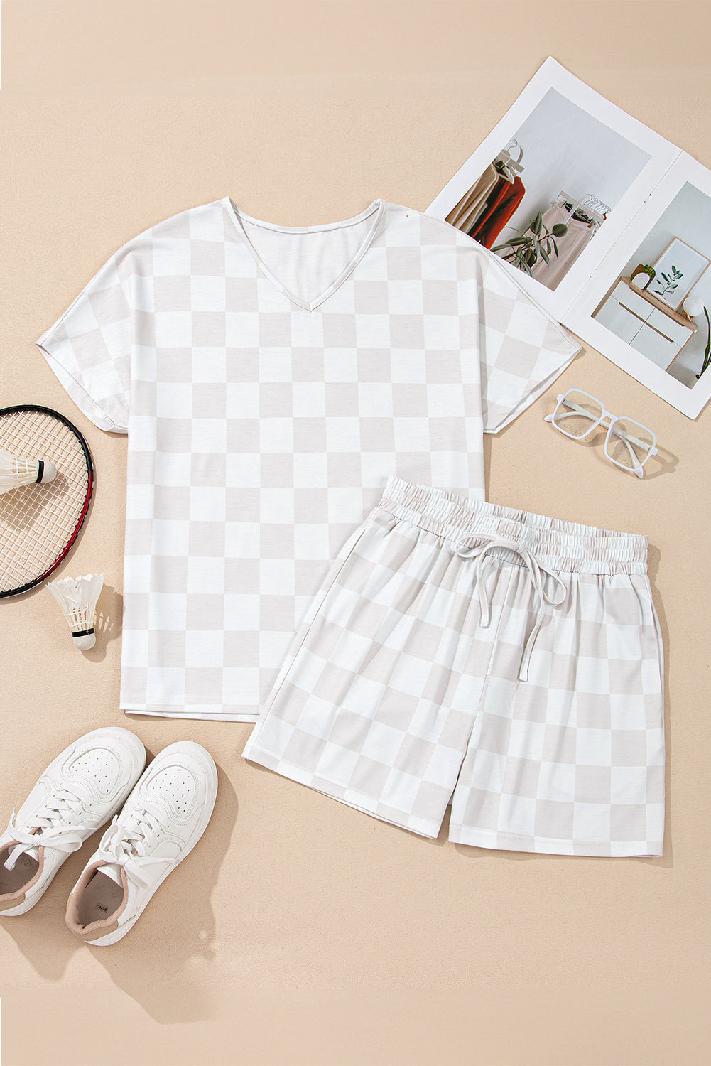 Tee Checkered V-Neck Drawcord Shorts Lounge Set Style
