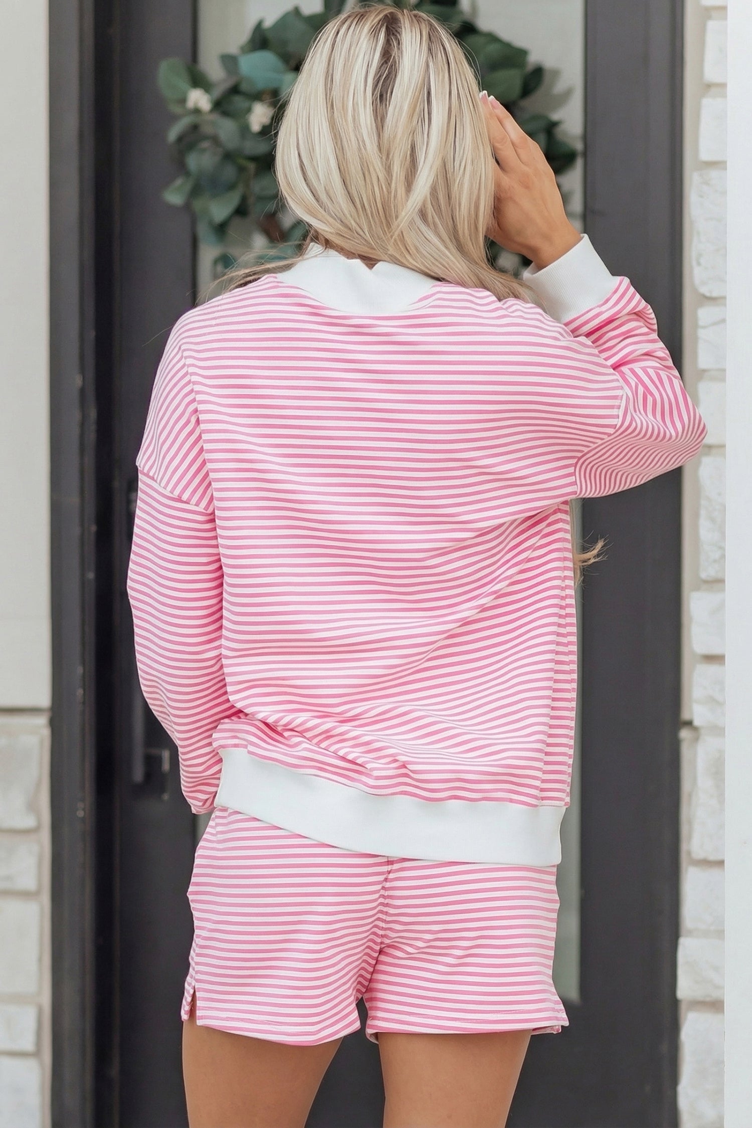 Stripe Sweatshirt Oversize Mock-Neck and Shorts Set in Pink