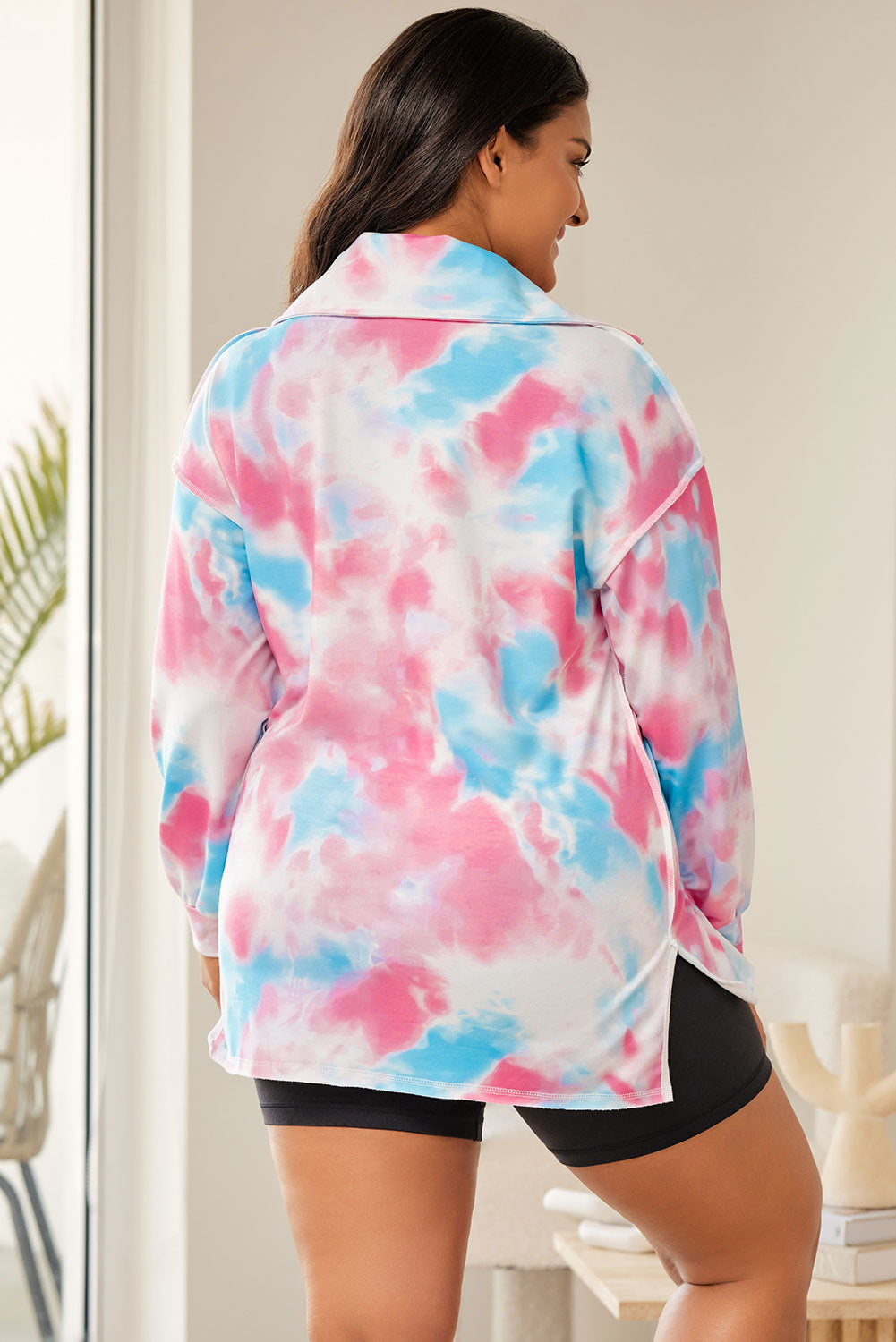 Sweat-shirt Multicolore à Col Zippé Tie-Dye de Grande Taille