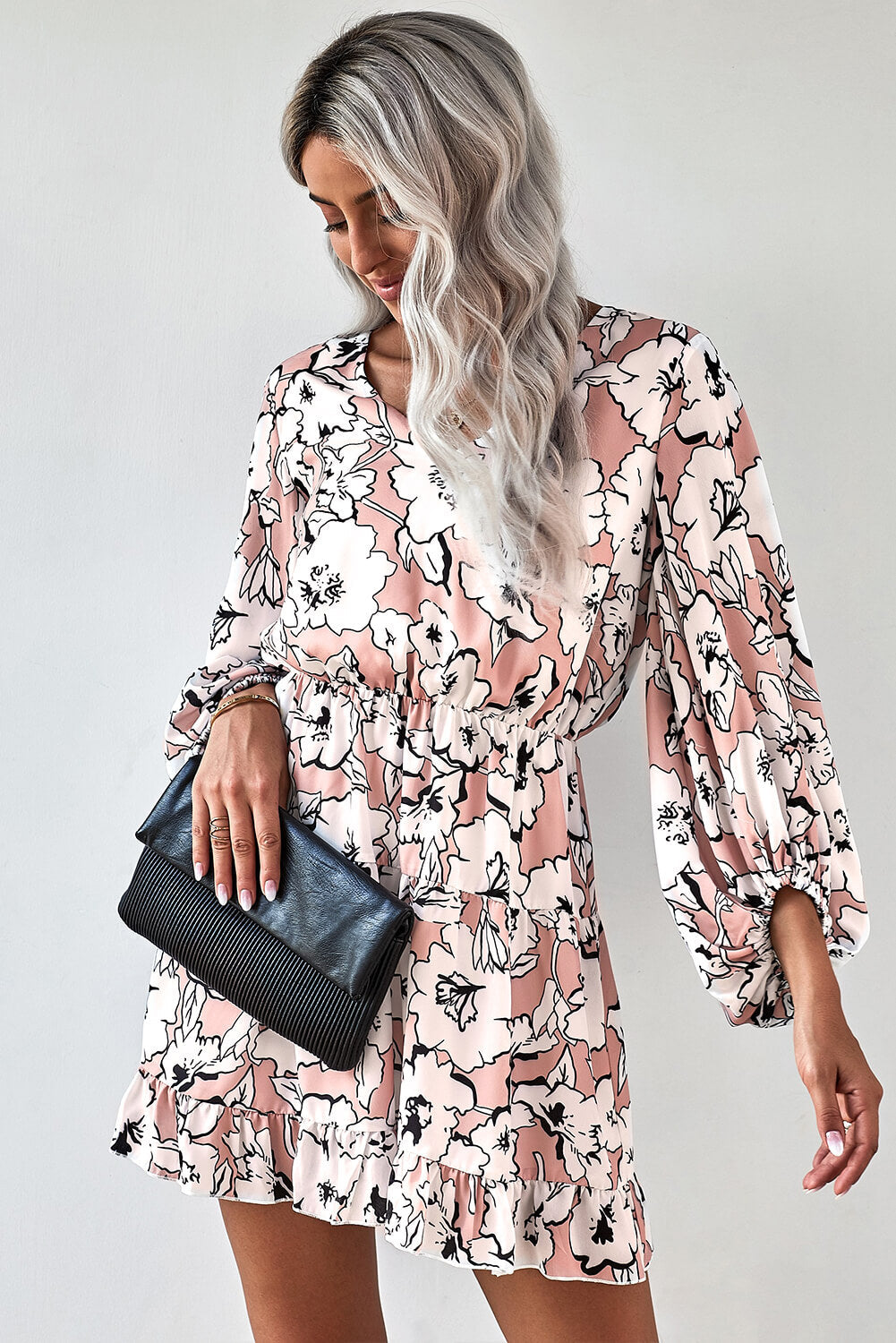 Women's Dress with Tunic Chic Apricot V Neck Lantern Sleeves Floral-Print