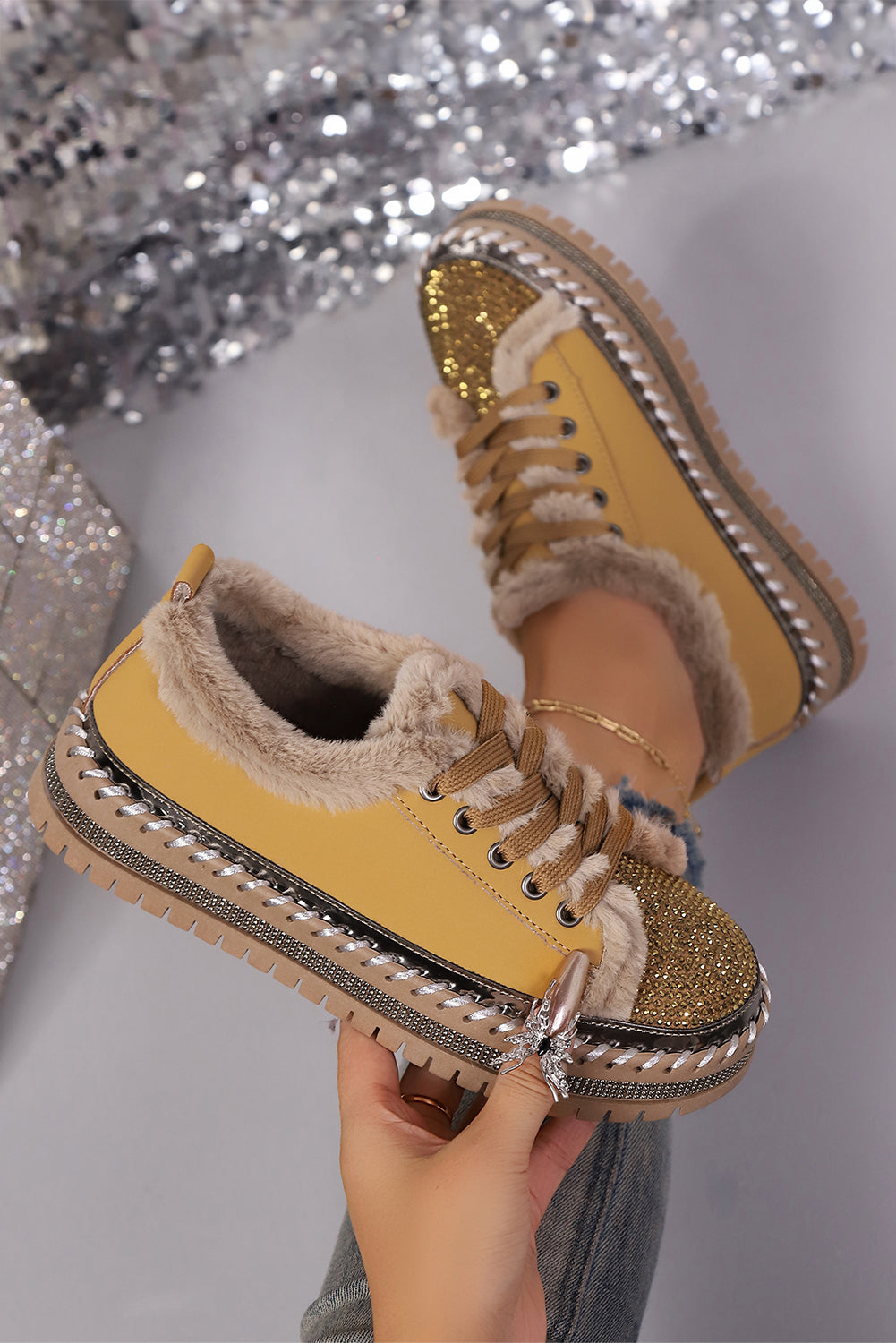Embellished Faux Rhinestone Faux Fur Lining Lace-Up Flat Shoes