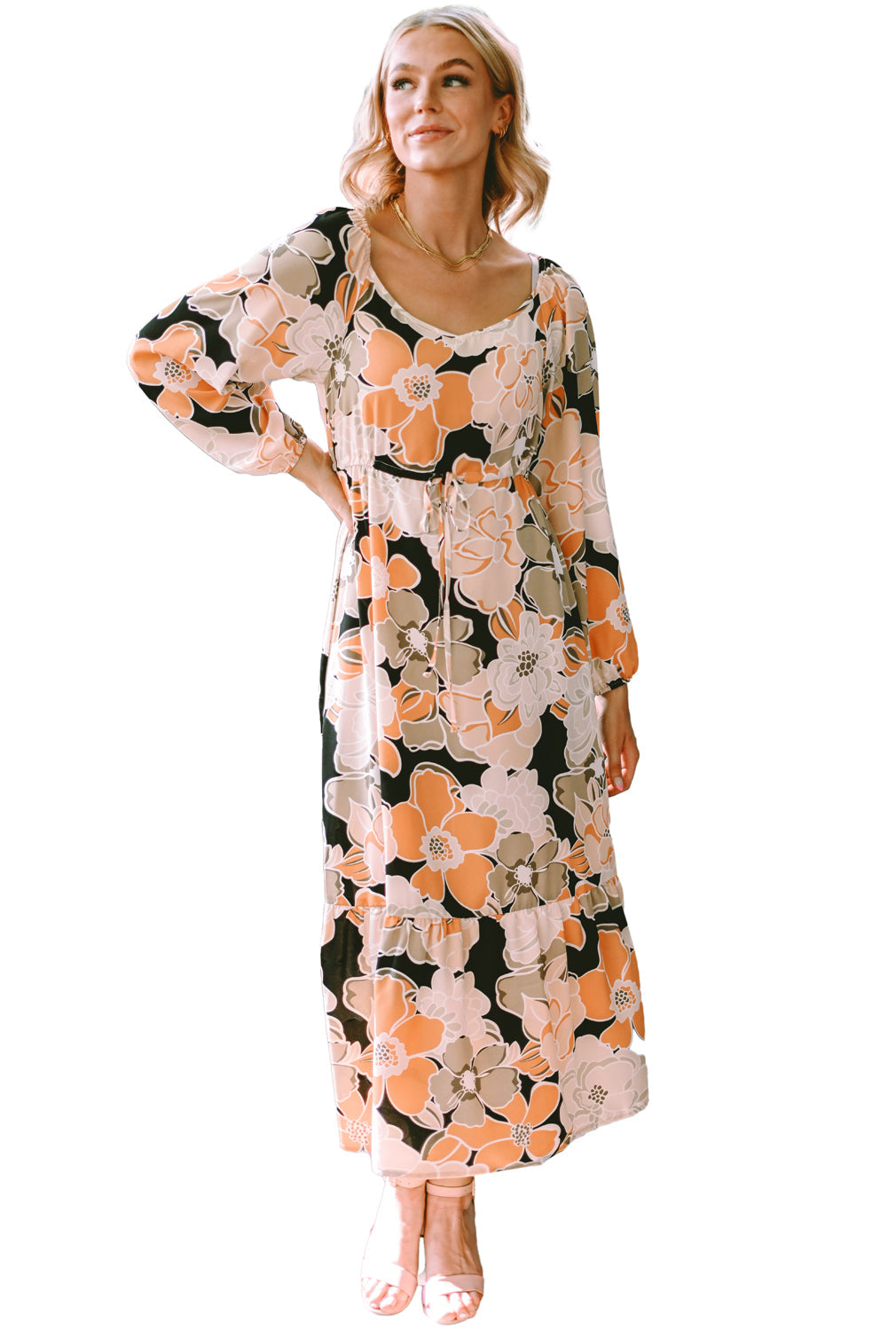 Robe longue florale audacieuse à manches bouffantes et taille nouée