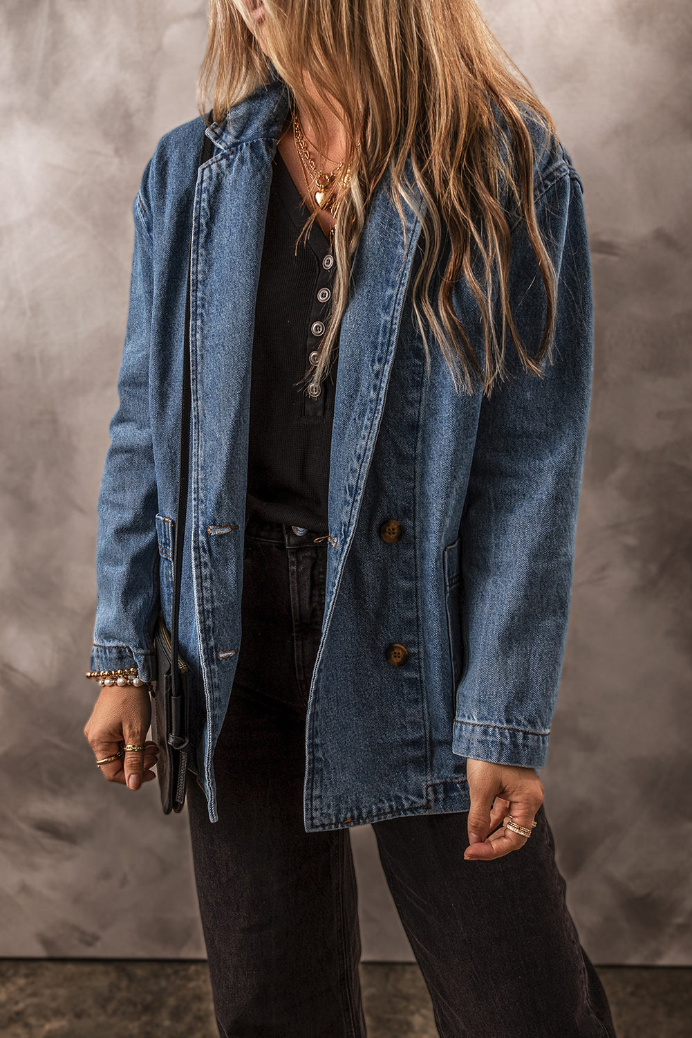Denim Jacket with Side Pockets Lapel Collar