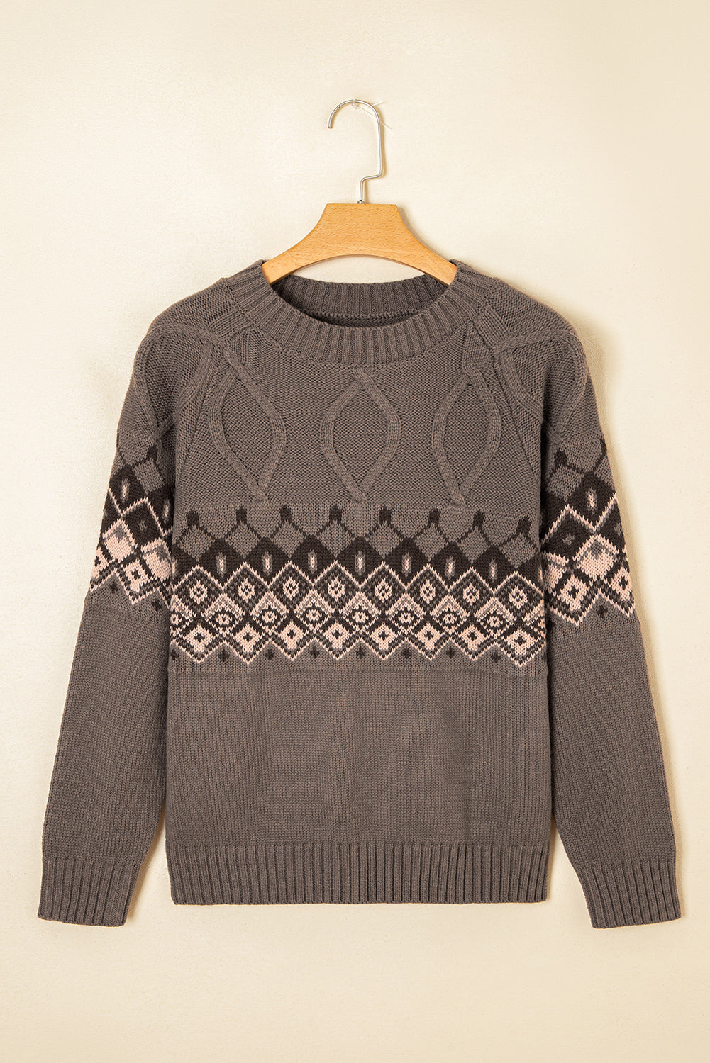 Patterned Western Geometric Crew-Neck Knit Knit Top