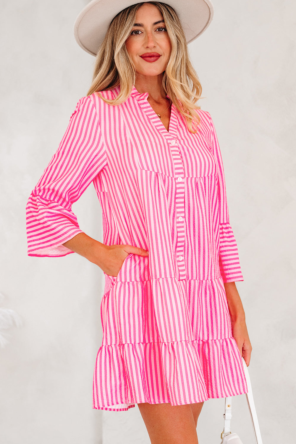 Half Flare Sleeve Placket Tiered Flowy Mini Dress