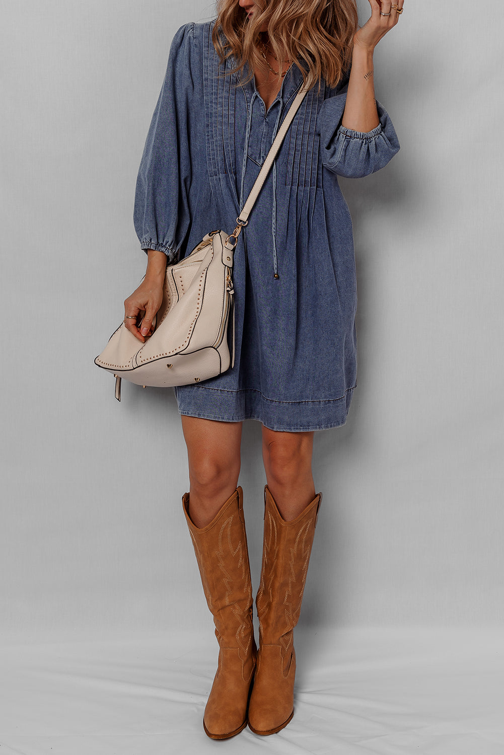 3/4 V-Neck Sleeve Tied Pleated Denim Mini Dress