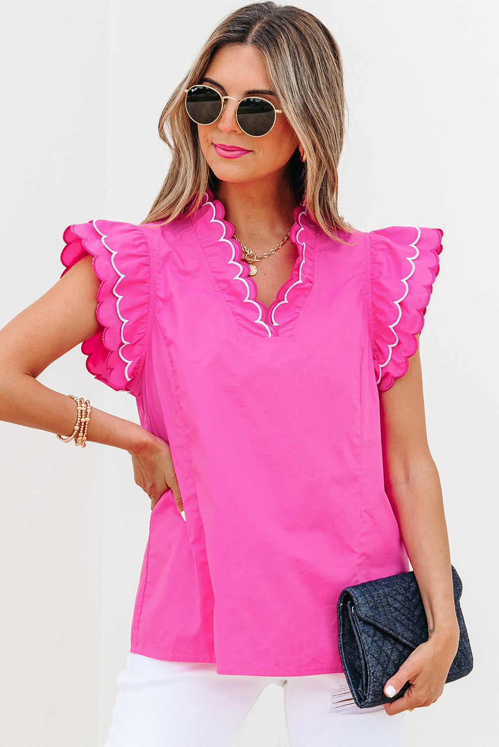 Trim Contrast Scallop Layered Short-Sleeved V-Neck Blouse