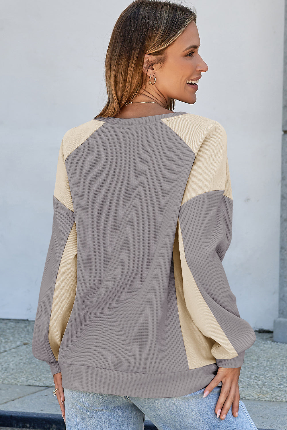 Colorblock Waffle High Low Raglan Sleeve Sweatshirt