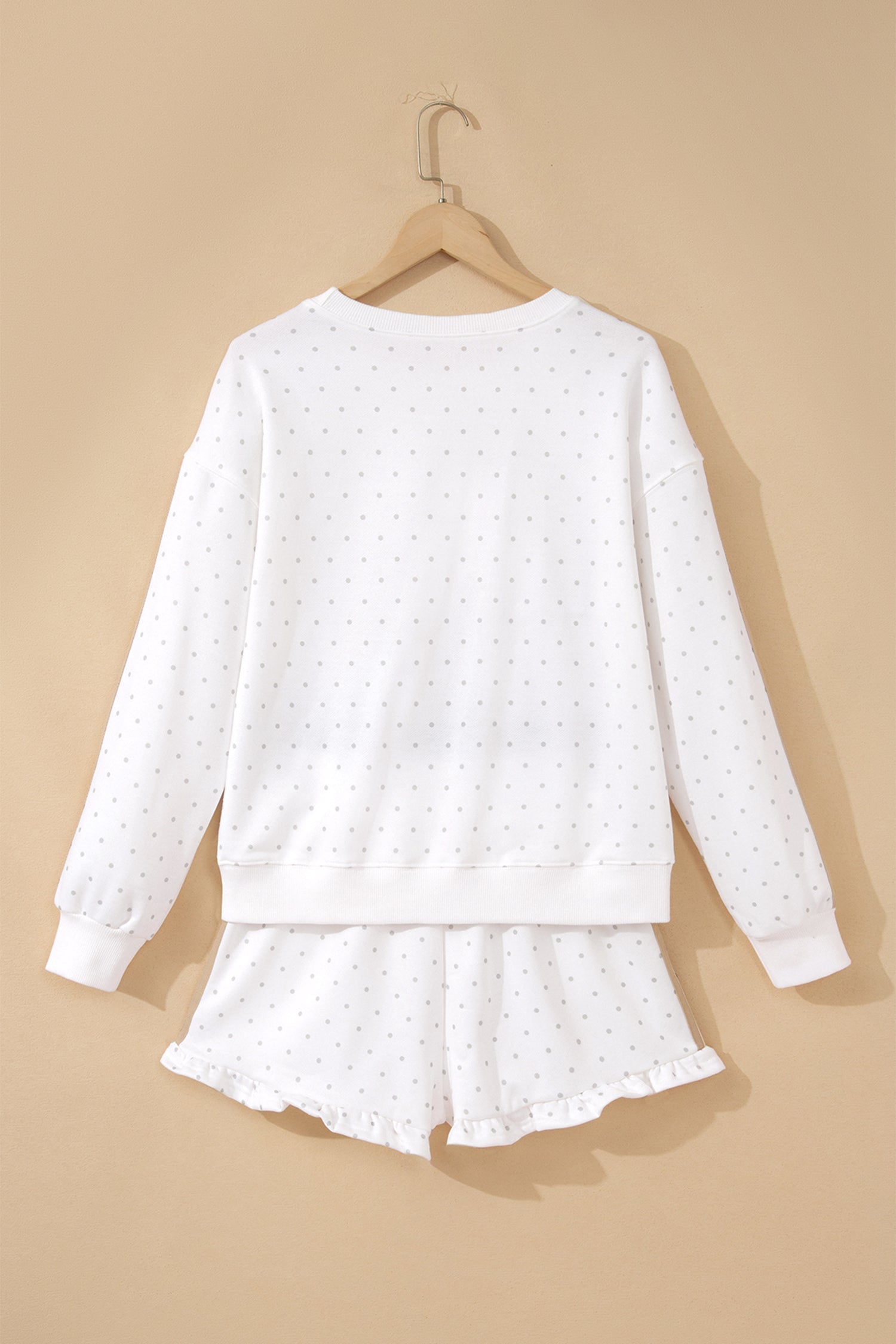 Polka-Dot Print Side Stripe Everyday Sweatshirt 2pcs Short Set in White