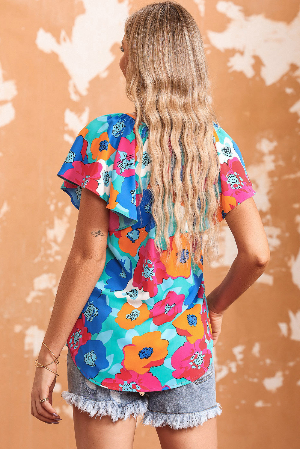 Women's Blouse Featuring Short-Sleeve Floral-Print Print V Neck