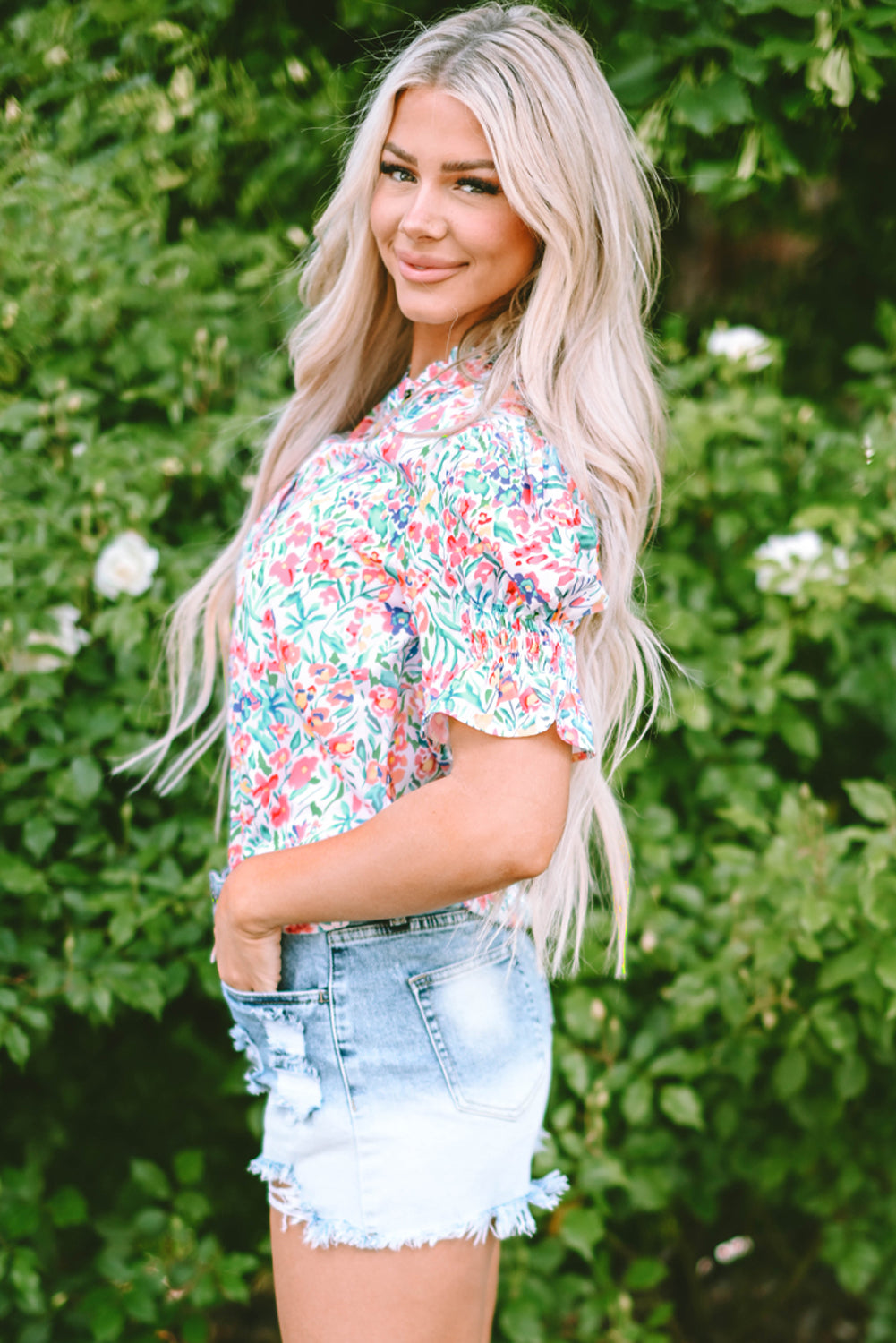 Women's Floral-Print Print Split Neck Balloon Sleeve Blouse