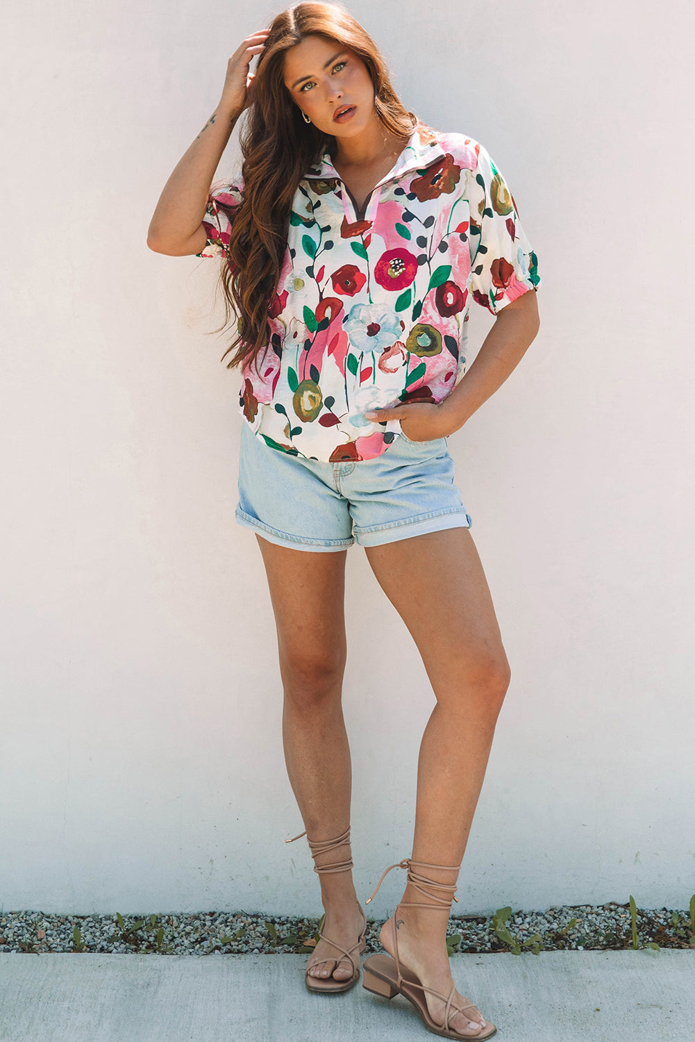 Floral Print Slit V Neck Short Sleeve Blouse