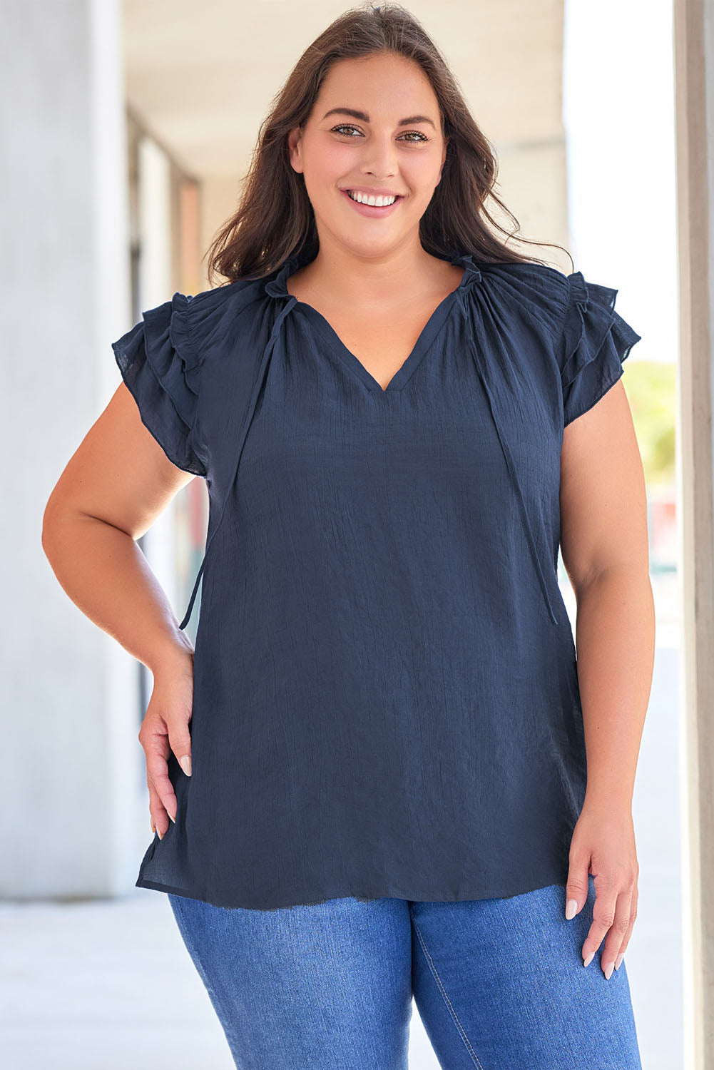Blouse for Women Ruffle-Trimmed Sleeve Drawcord Plus Size