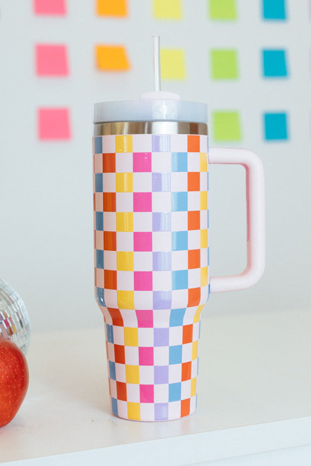 Checkered Print Colorful Print Handle Vacuum Cup 40oz