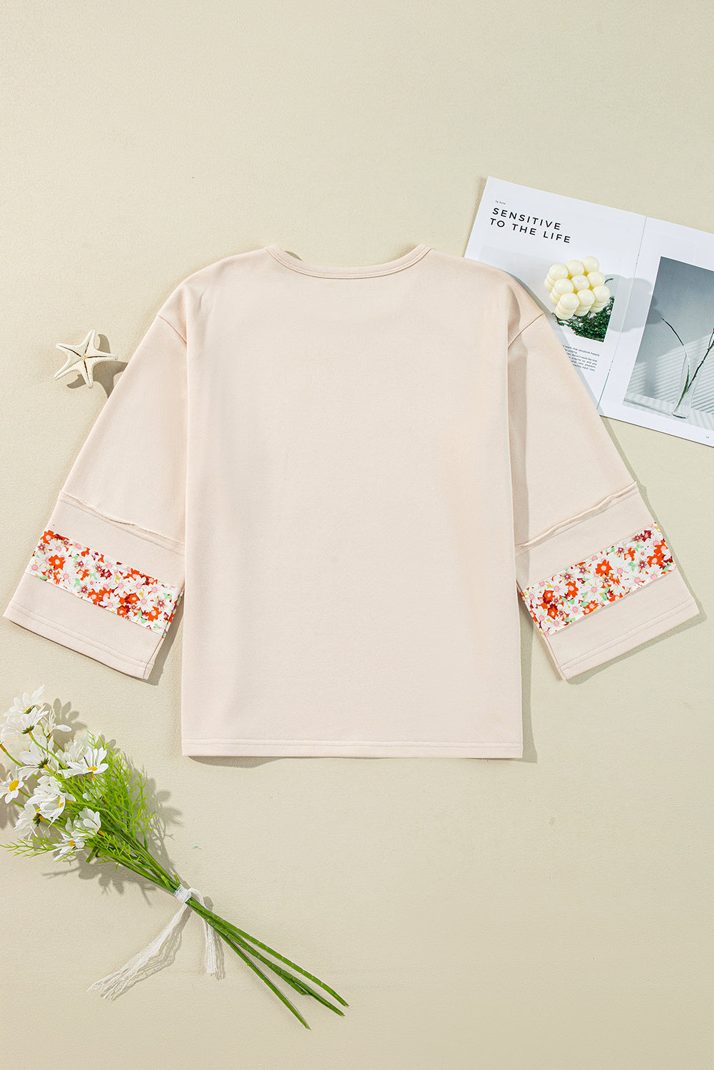 Flower Patch Graphic Exposed Seam Wide Sleeve Top